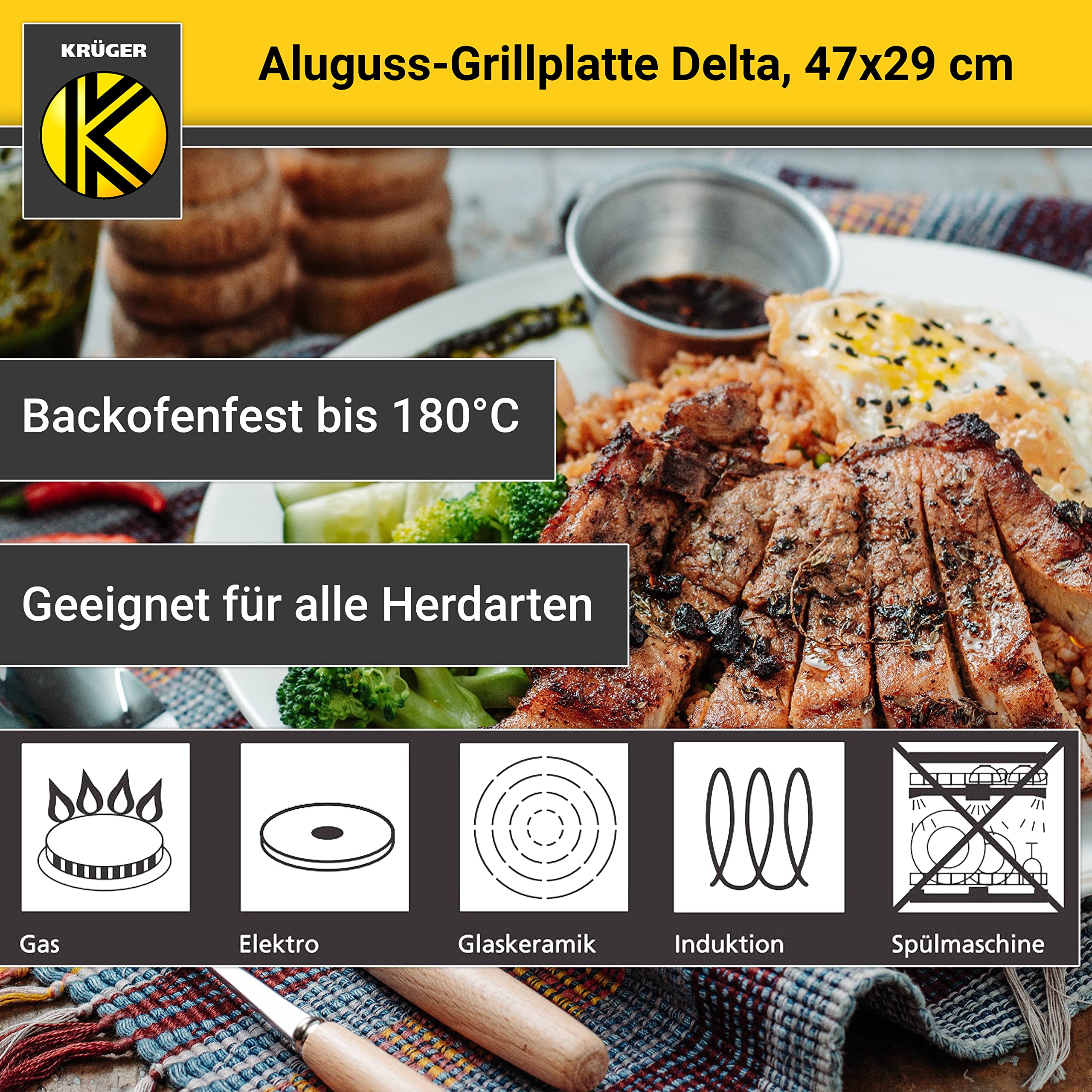 Krüger Aluguss Grillplatte Delta 47 x 29 cm | Mit Rillenboden | Induktion