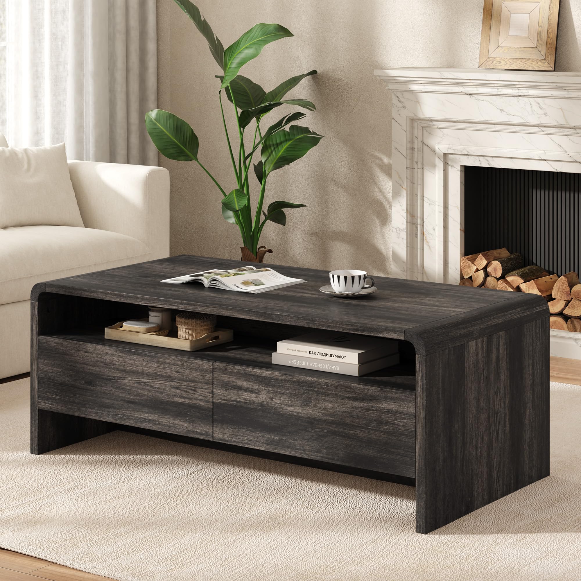 AMERLIFE 39.4" Wood Coffee Table with Storage &amp; Rounded Edges