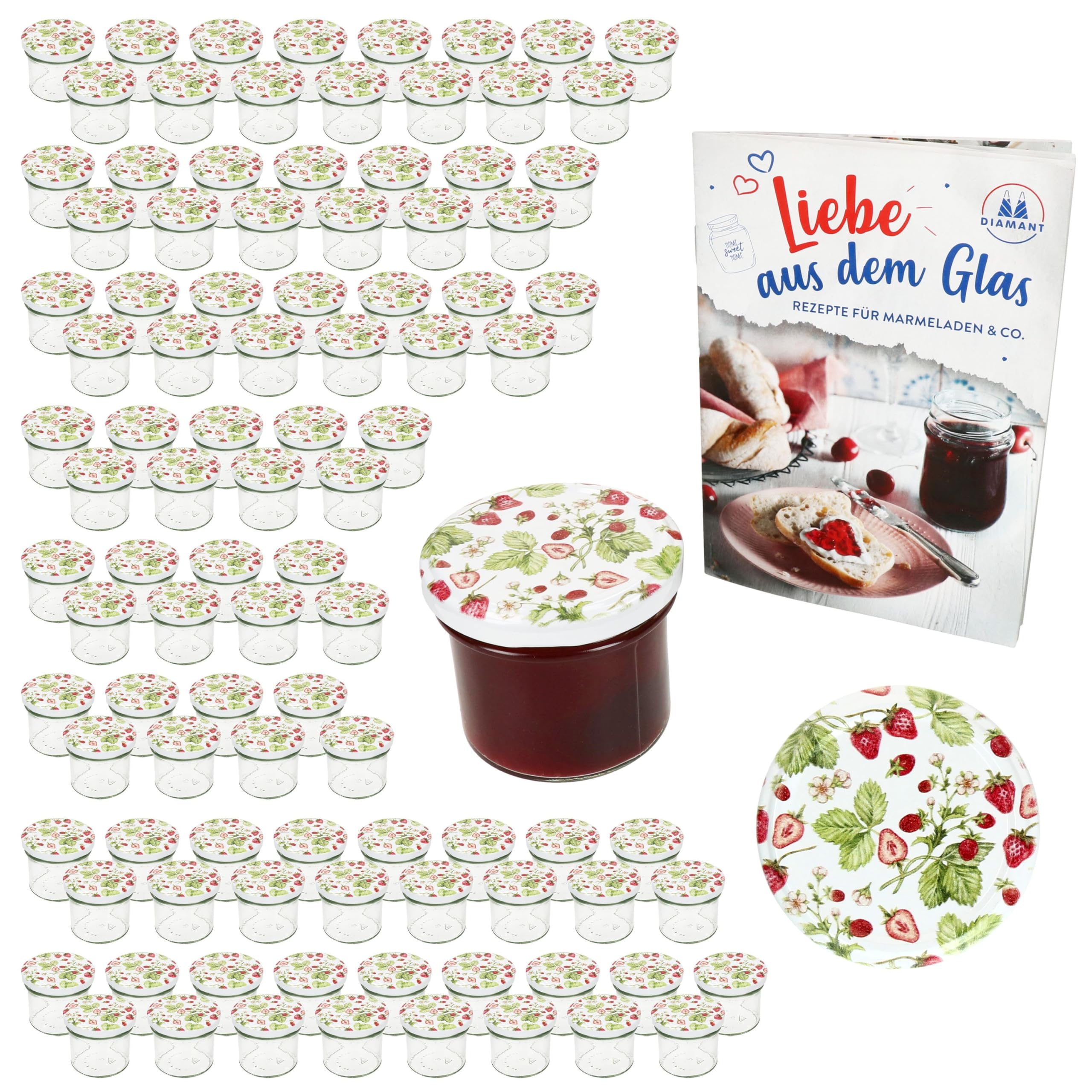 MamboCat 100er Set Sturzglas 125 ml mit Schraub-Deckel Wald-Erdbeere I Einmachgläser + to 66 Deckel mit Diamant-Zucker-Rezept I Vorratsgläser einkochen & konservieren