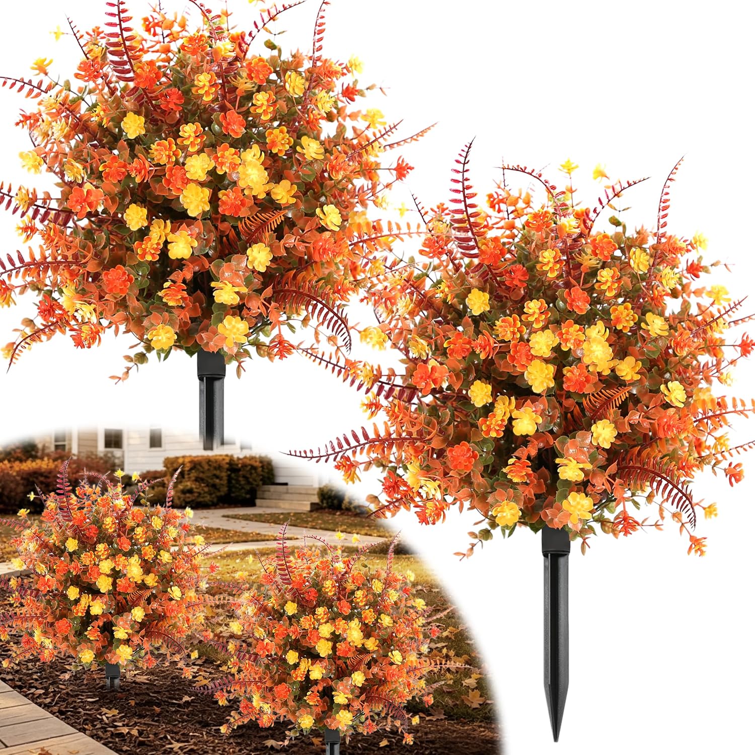 2 Pcs Fall Artificial Mums Topiary Ball Trees with Spike, 24'' UV Resistant Outdoor Faux Flowers Plants, Fake Shrubs Bushes for Porch, Patio, Garden,Thanksgiving Home Autumn Decor