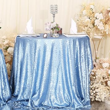 Eternal Beauty Baby Blue Sequin Tablecloth 72-Inch Sparkly Overlay Round Glitter Table Cover for Wedding Party Birthday Decoration