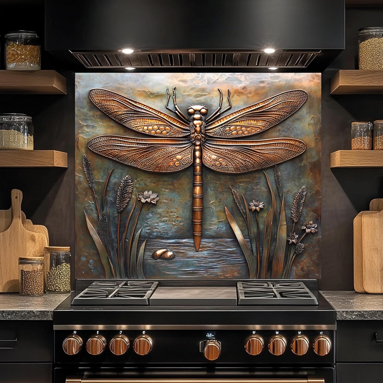 Antique Bronze Dragonfly Design Kitchen Backsplash, Tempered Glass Backsplash, Heat Resistant Backsplash for Kitchen Wall, Glass Back Splash Stick on Tiles for Kitchen, Easy to Clean Stove Backsplash