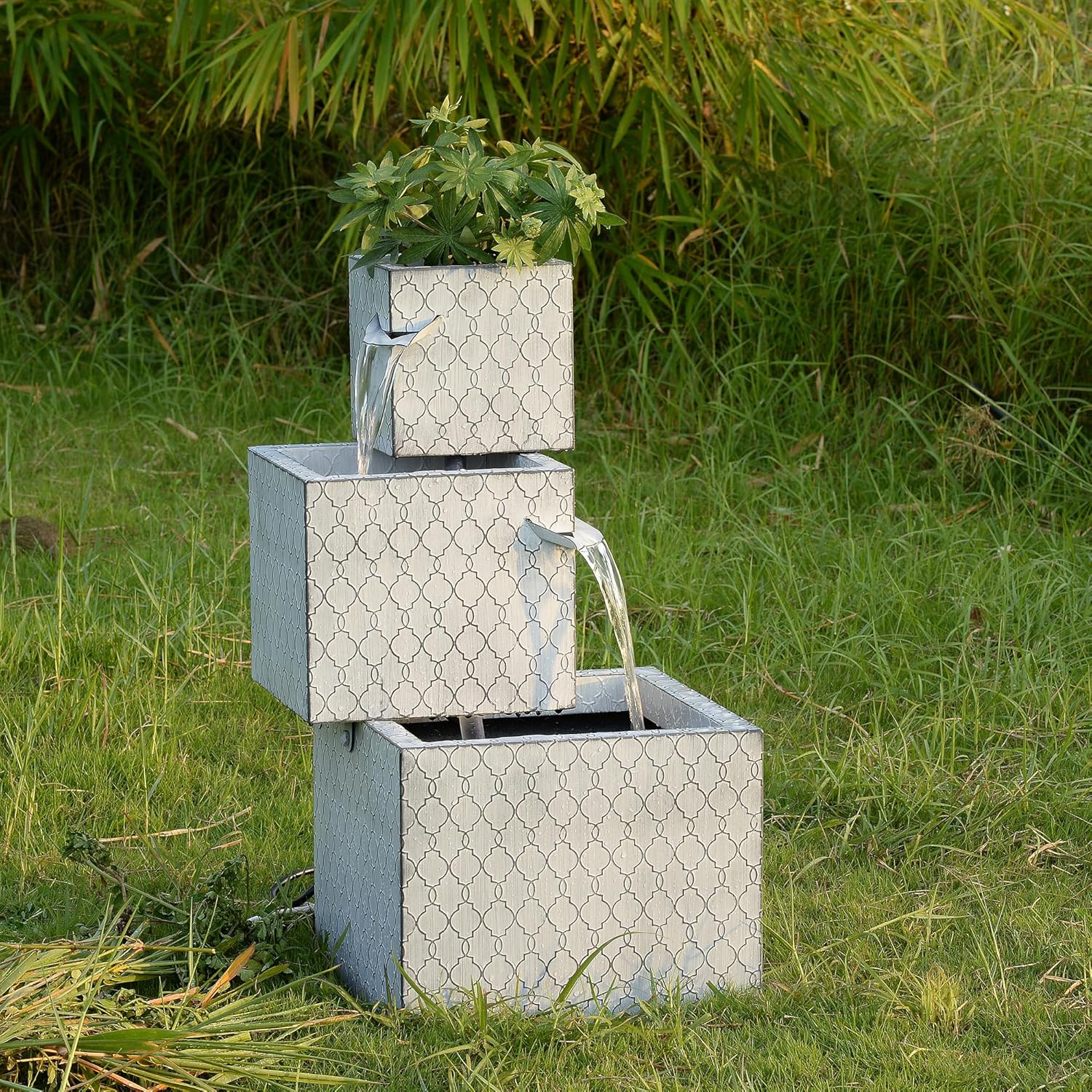 Rectangle 3 Tier Metal Fountain with Planter and LED Lights - Outdoor