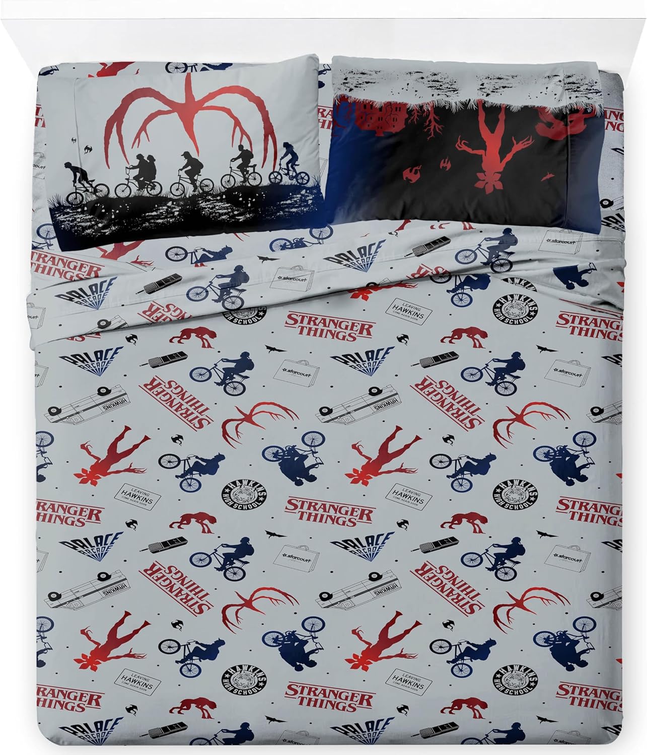 Jay Franco Sheet Set with Fitted, Flat Sheets & Pillow Cover - Ultra-Soft Bedding with Pillowcase for Room Decor, Grey - Stranger Things, 4 Piece Queen