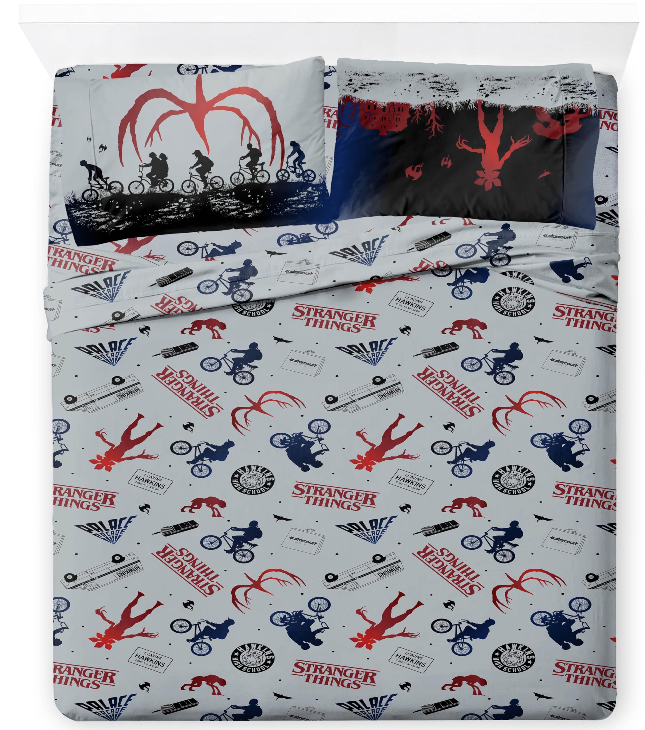 Sheet Set with Fitted, Flat Sheets & Pillow Cover - Ultra-Soft Bedding with Pillowcase for Room Decor, Grey - Stranger Things, 4 Piece Full