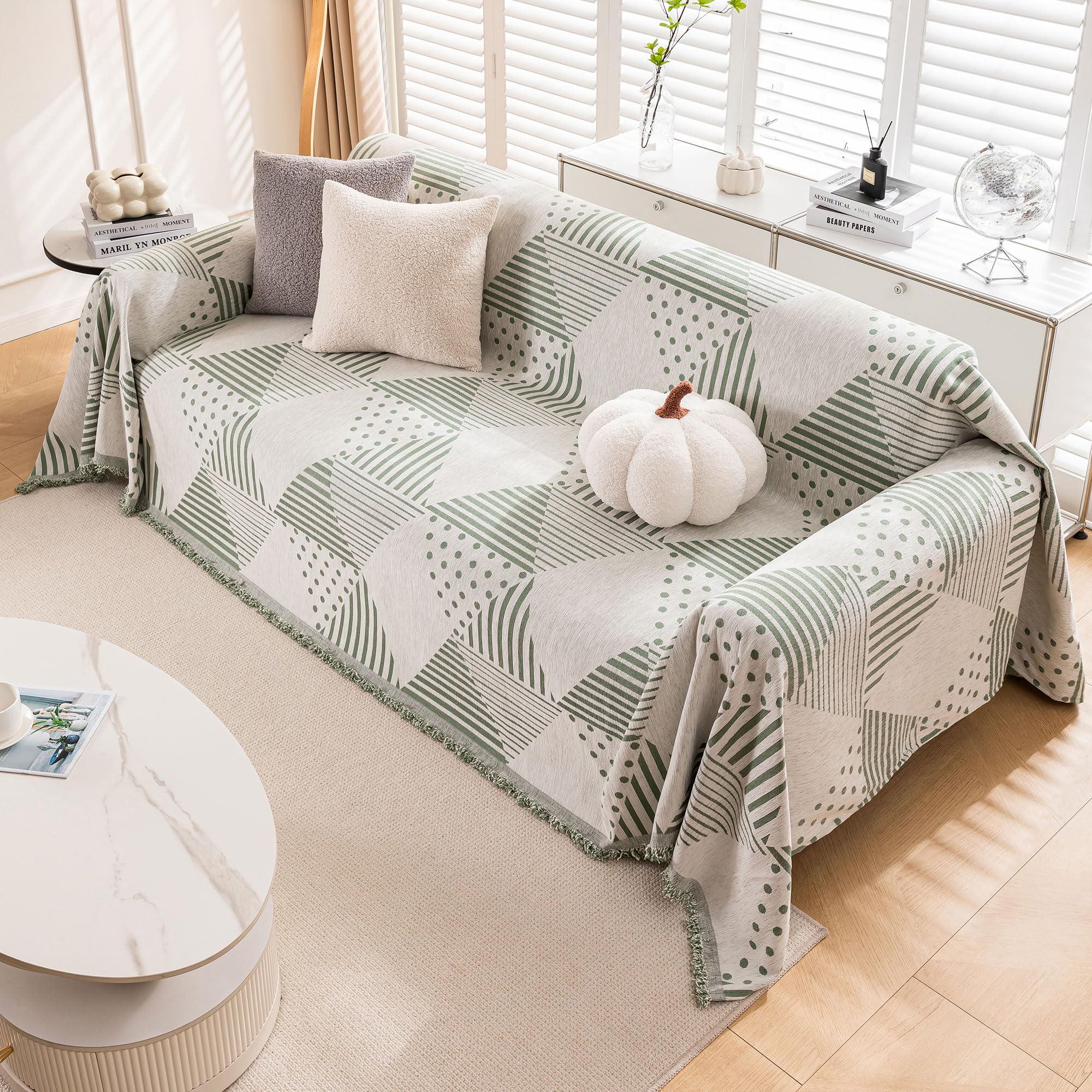DREAMINGO Green Geometric Couch Cover for Sofa Sectional Sofa Covers for Dog Pets Furniture Protector Stripe Dot Triangle Chenille Couch Cover for Loveseat Futon Sofa Slipcover Washable,71"x118"