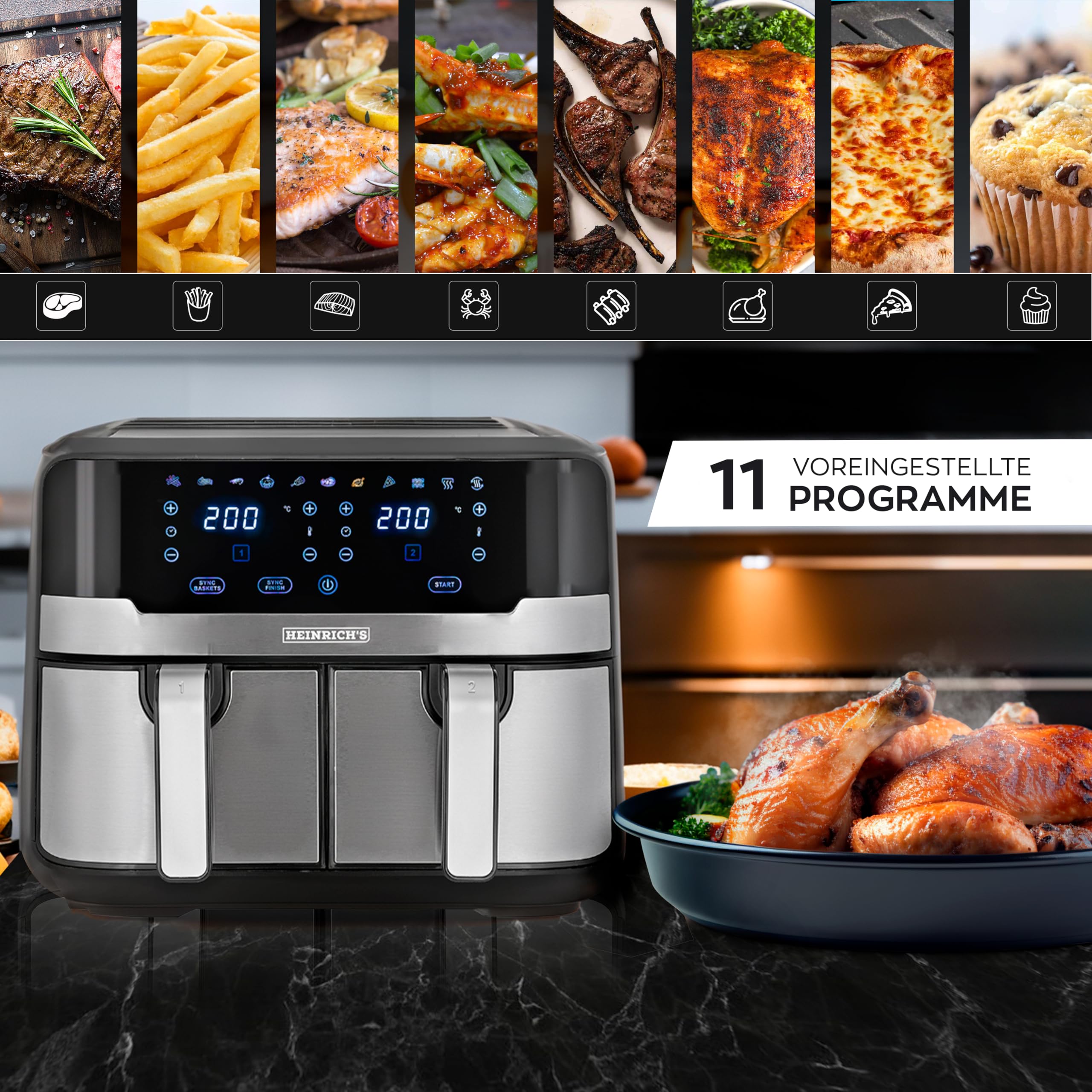 HEINRICHS frytkownica na gorące powietrze, podwójna frytkownica na gorące powietrze, XXL Air Fryer, frytkownica na gorące powietrze z podwójną komorą, 9 programów, wyświetlacz LED z obsługą dotykową,