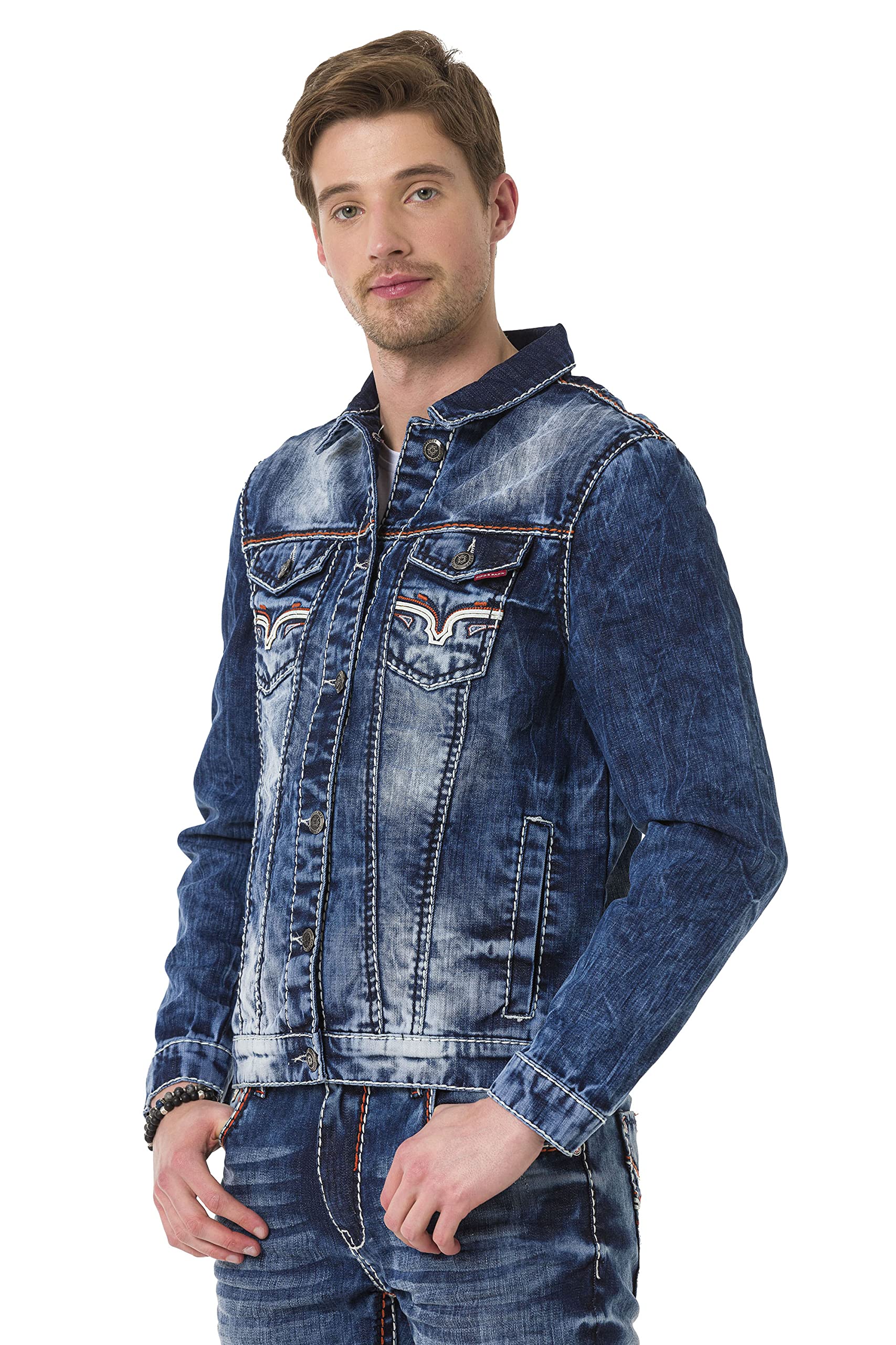Cipo & Baxx Herren Jeansjacke Series – Klassische Denim, Leder, Sport Verschiedene Jackenmodelle – Knopf und Reißverschluss – Sweat-Kapuze und Sweatärmeln – mit Modernen Komfort-Details