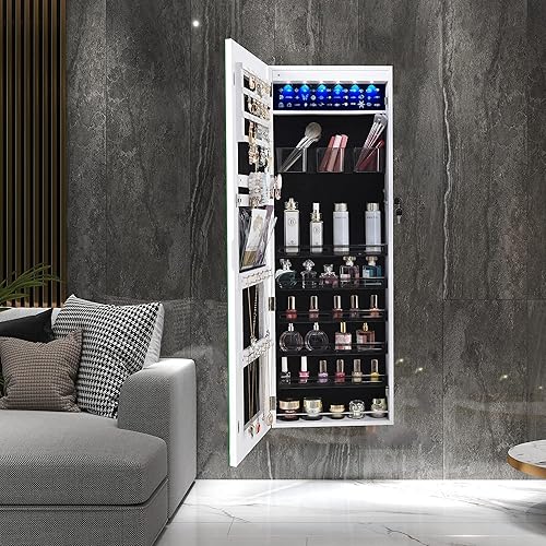 Miniatura 9 de LVSOMT Armario de joyería con espejo LED armario organizador de joyas montado en la paredpuerta espejo iluminado de longitud completa con