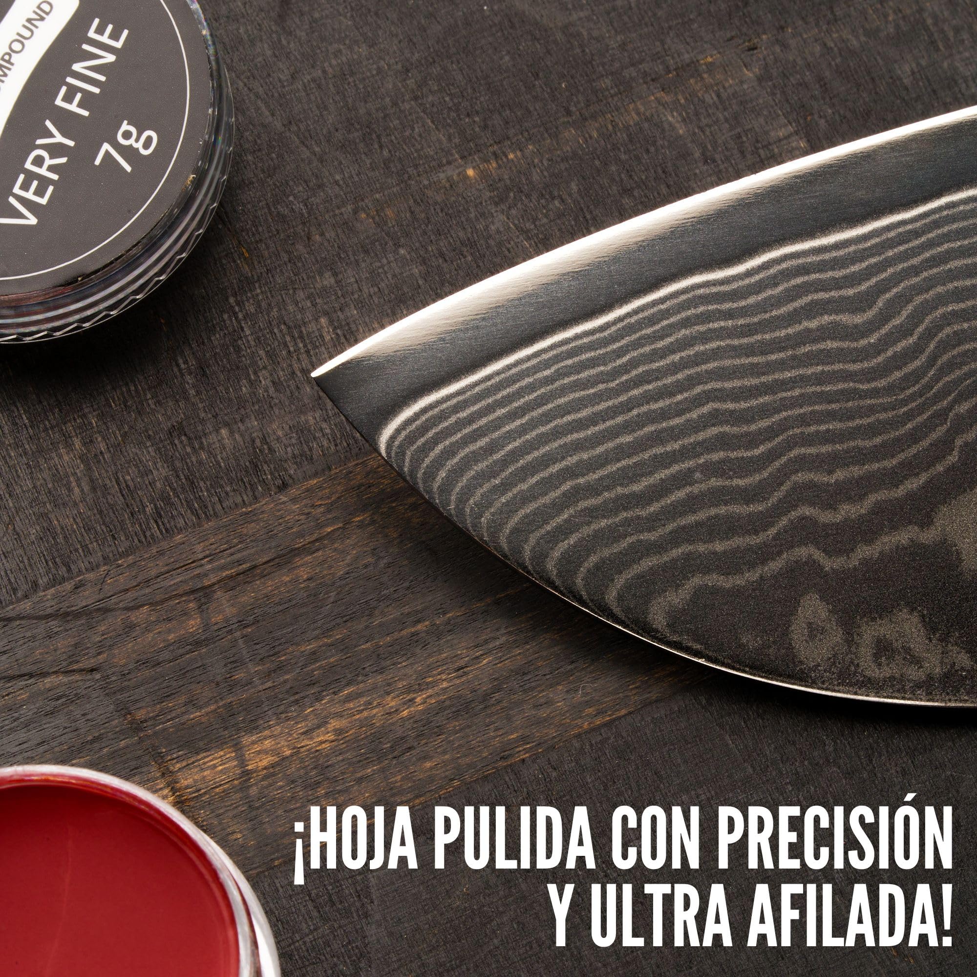 BACHER Premium Asentador de Cuero Strop para Cuchillos Paleta de madera dura cubierta concuero de curtido vegetal de 1/8"de grosor. Incluye un kit de 4 compuestos de afilado.