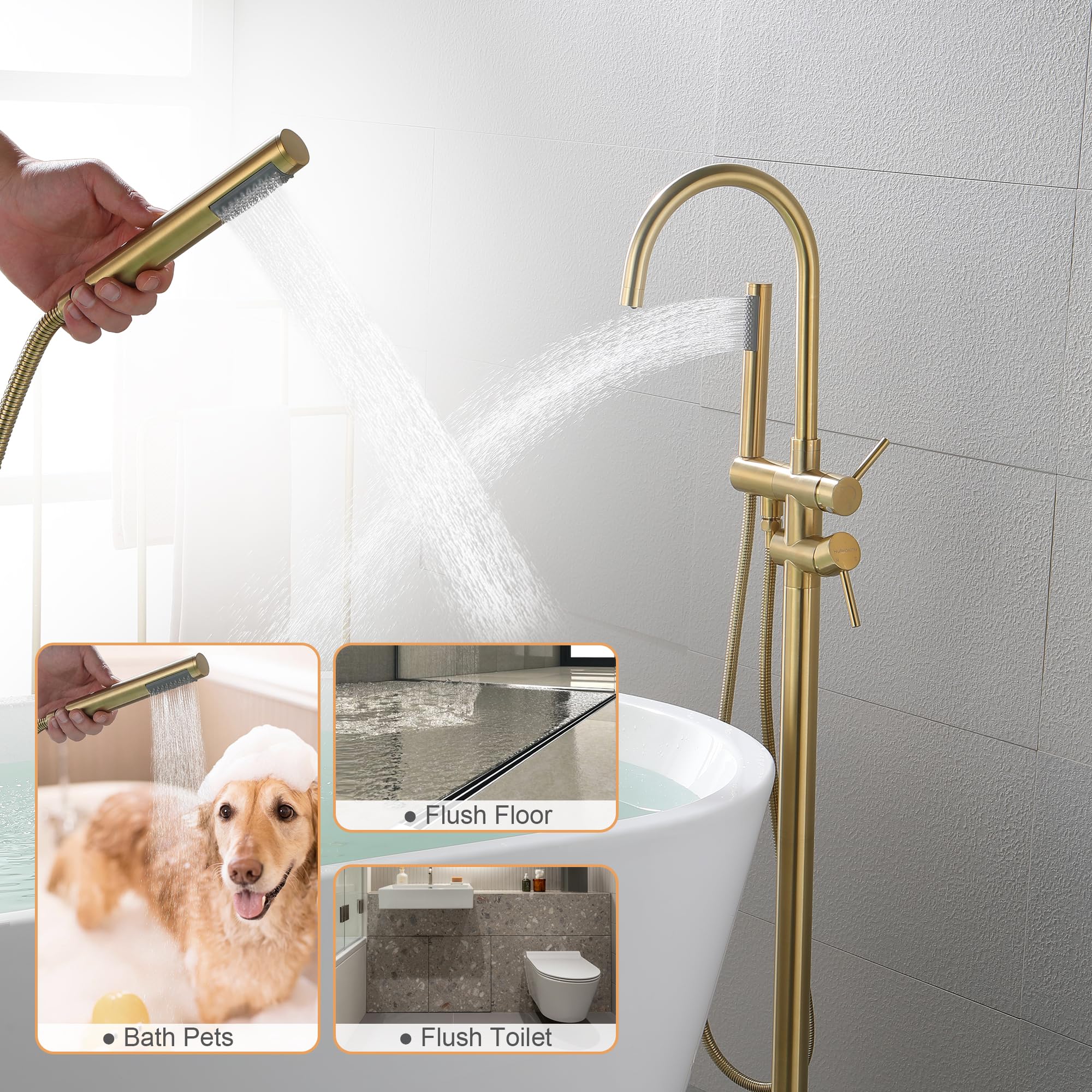 Freistehender Badewannen-Wasserhahn Mit Handbrause – Gebürstetes Nickel | Bodenmontage | Messing | Hoher Durchfluss
