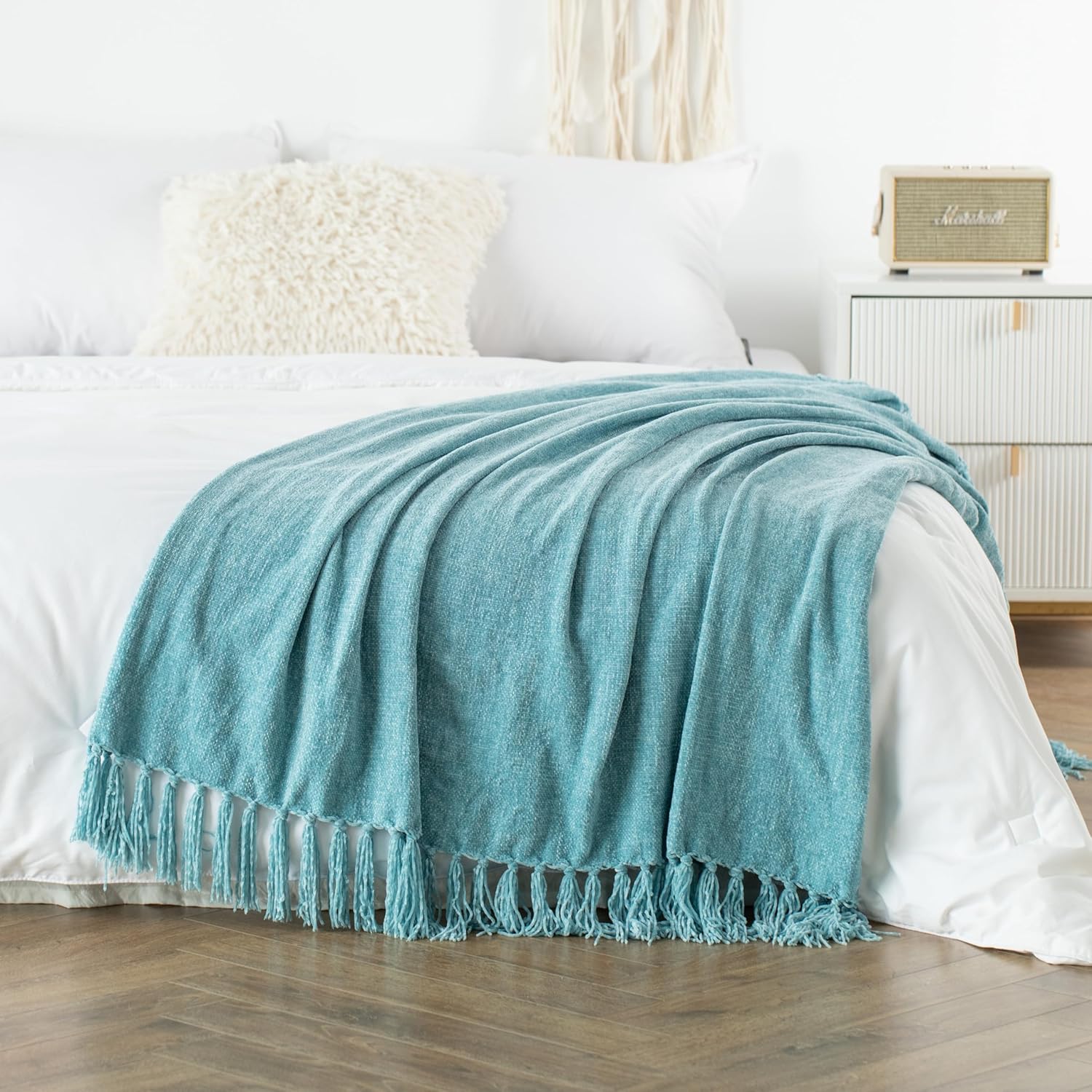 KASENTEX Extra Large Lightweight 108x90 Soft Chenille Throw Bed Blanket for Bedroom with Fringe Tassel, Decorative Blankets and Throws, Cozy Warm Blanket for Men and Women, Blue Oversized King Size Blue King 108x90in