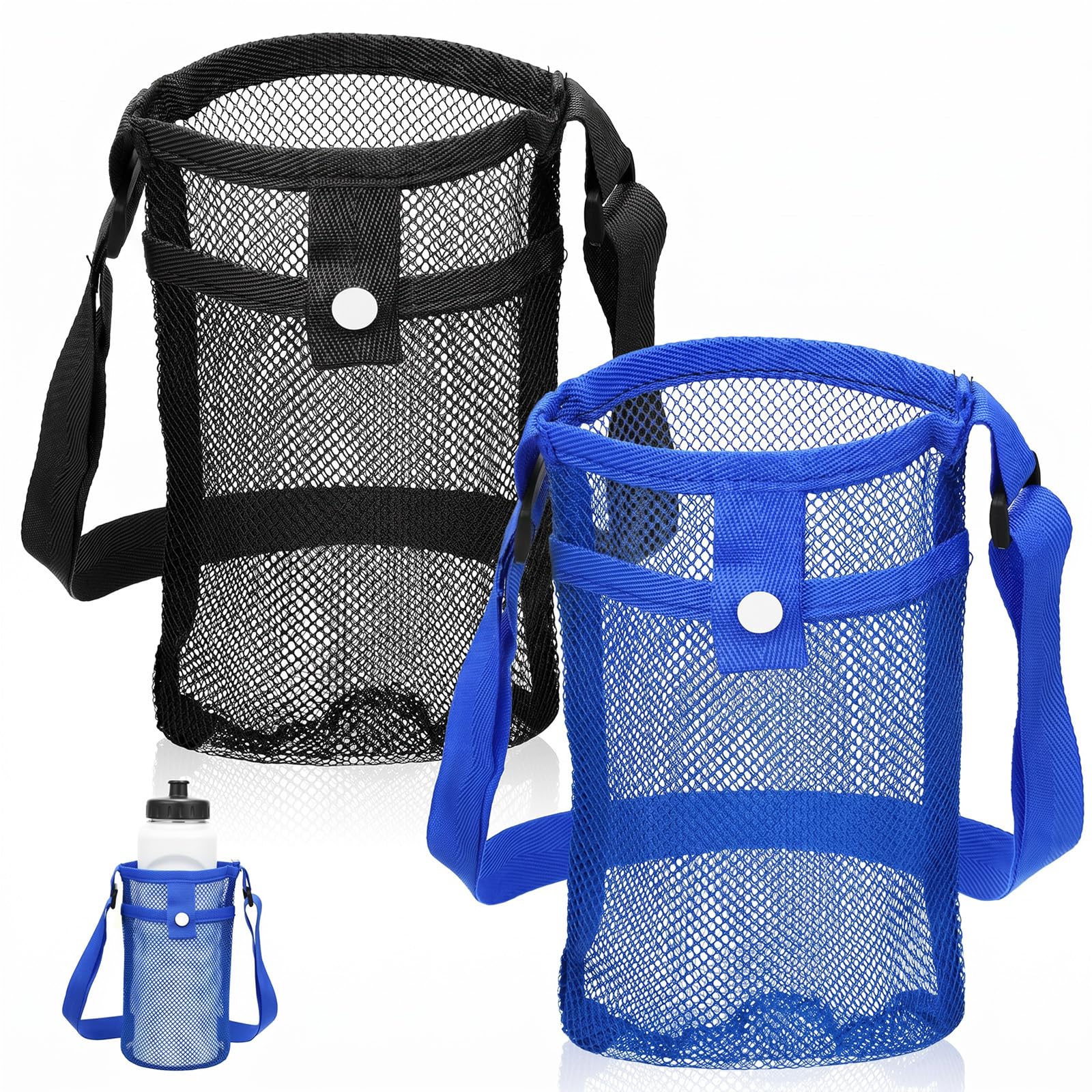 FdcZeyxior Mesh Water Bottle Carrier with Shoulder Strap, 2 Packs Portable Water Bottles Carriers Bag Nylon Water-Bottle Holder with Pocket for Walking Hiking Travelling Camping, Lightweight