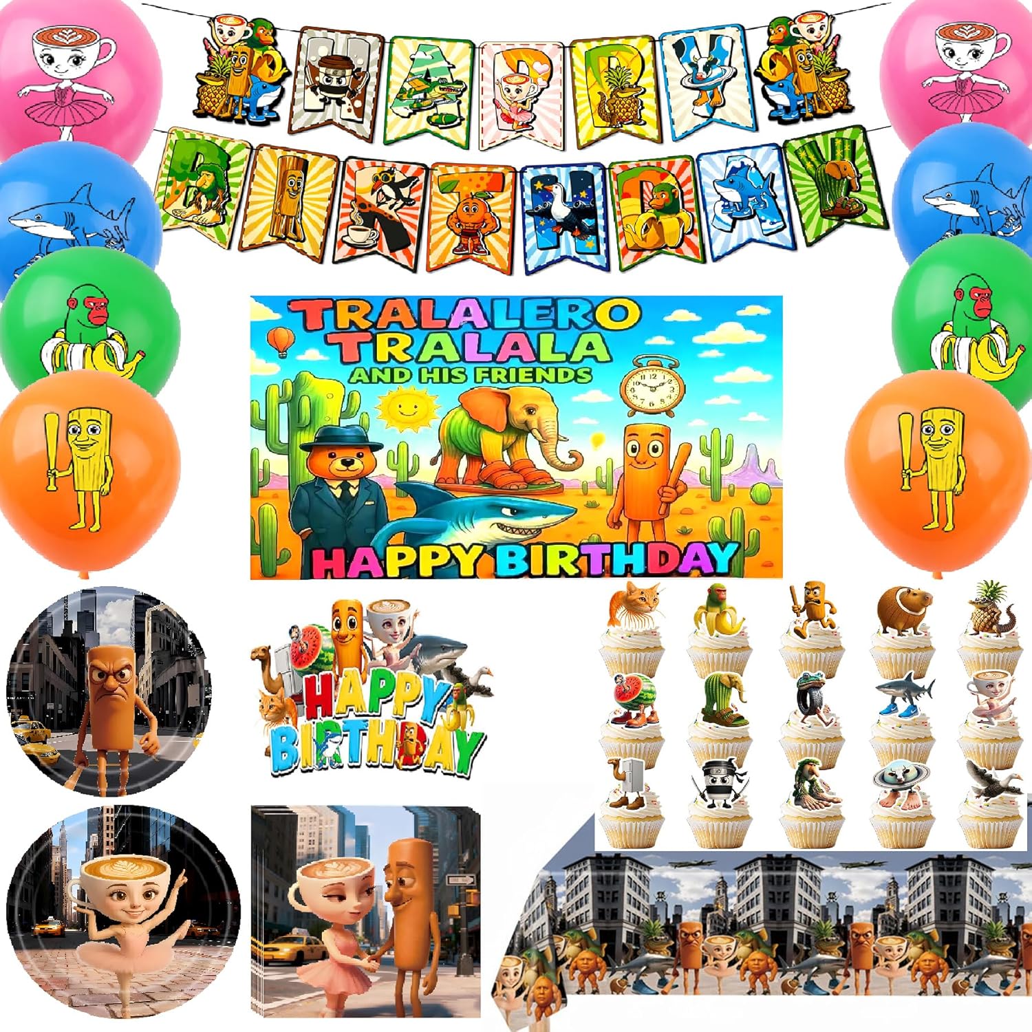 Brainrot Party Supplies 113PCS Italian Brainrot Birthday Decorations Party Favors Tableware Sets Funny Happy Birthday Decorations For Kids Adults Brainrot Fans