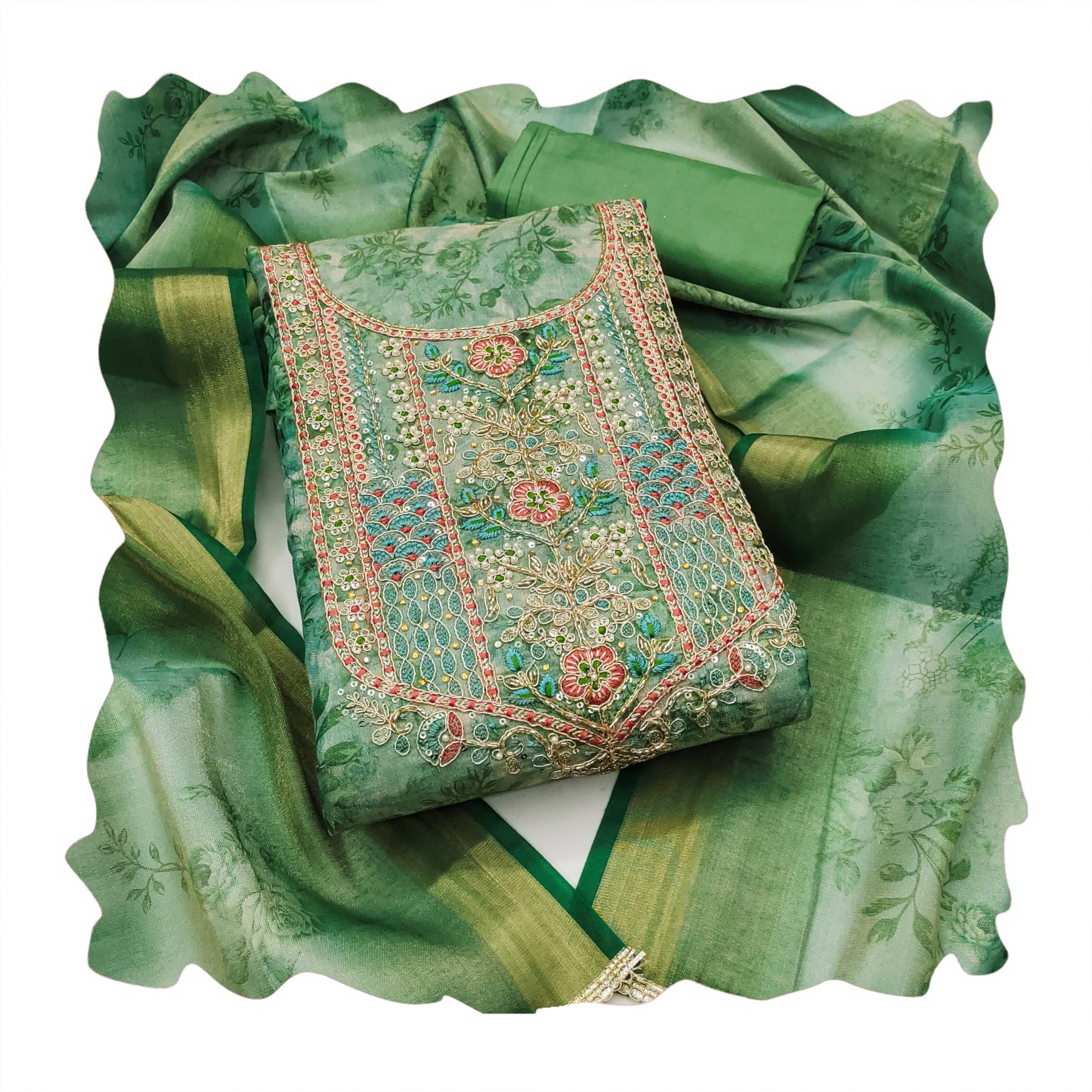 Sea Green Cotton Silk Handwork Dress Material With Dupatta-image-32