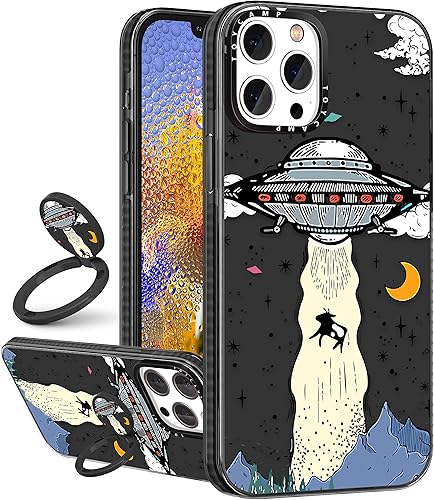 Toycamp Funda para iPhone 11 con soporte de anillo, diseño de dibujos animados OVNI para hombres, niños, niñas, adolescentes, linda funda para