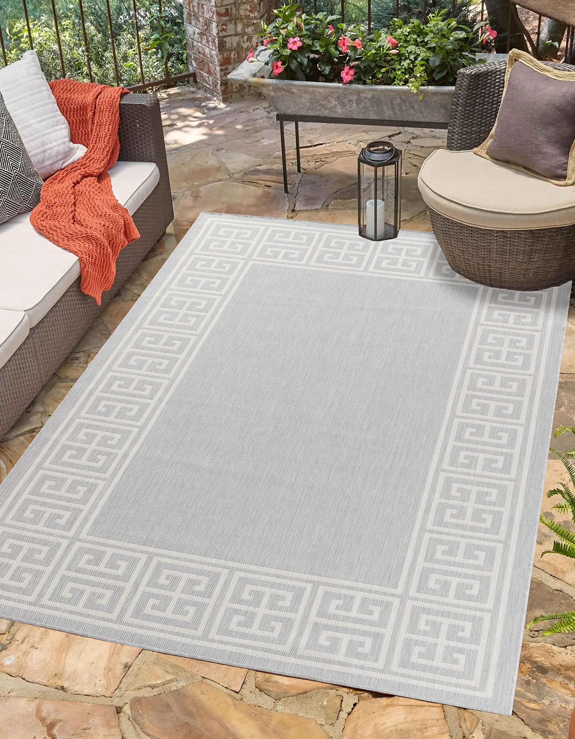 Serdim Rugs Silver-Greek Sky Kilim Braided Greek Key Design Outdoor Rugs, Silver, Rectangle 160 X 230Cm