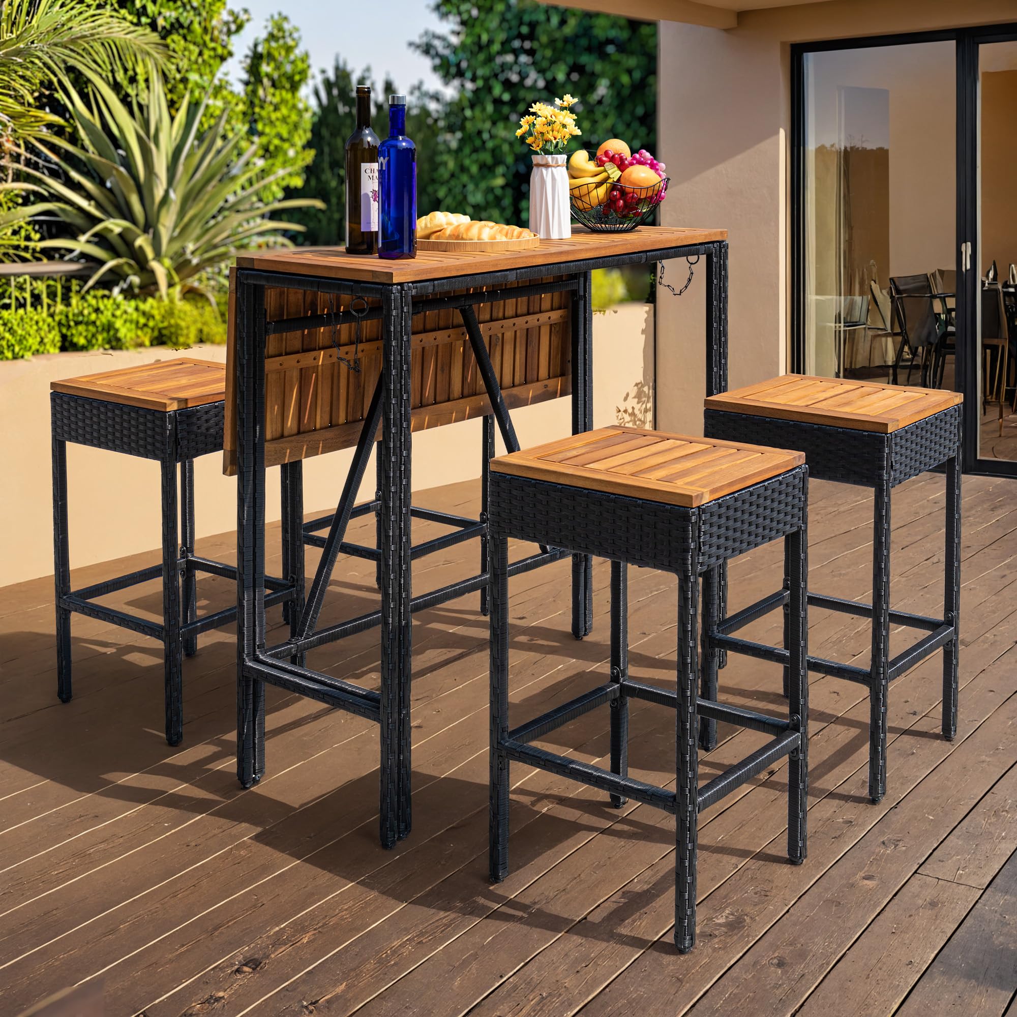 Greesum 5 Piece Patio Acacia Wood Bar Set with Foldable high Table and 4 Rattan Textured Chairs All-Weather Outdoor Furniture with Securable Locking Ring for Backyard, Deck, Garden, Porch,Black