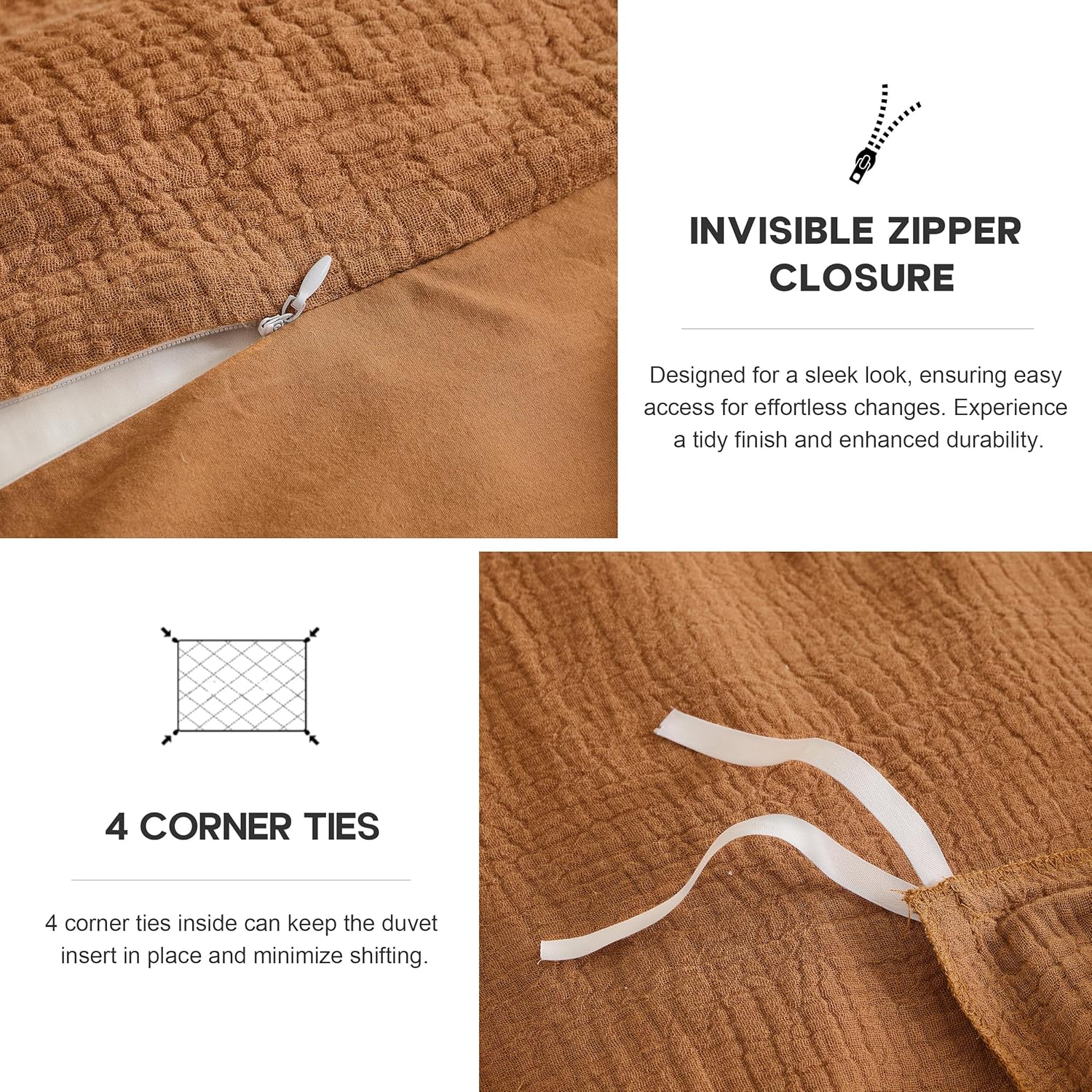 Simple&Opulence Linen Muslin Duvet Cover Set Queen Size, 3Pcs Rust Linen Cotton 3-Layer Gauze Minimalist Comforter Cover 88”x92”, Ultra Soft Breathable Seersucker Bedding Set with 2 Pillowcases - Image 5