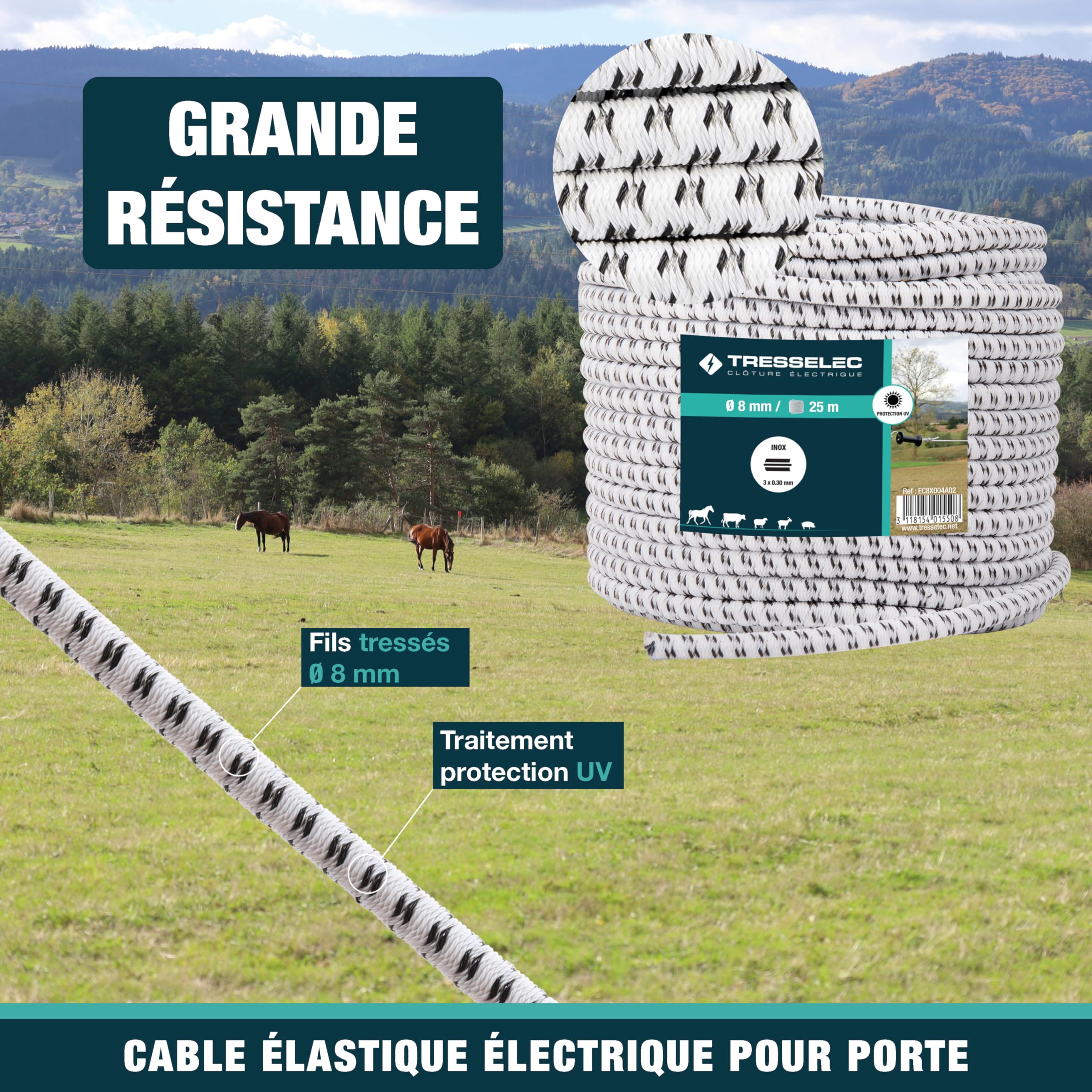 Câble élastique éléctrique 25 m - Très extensible - Résistant aux UV - 8 mm - Idéal pour ouvertures, séparations, paddocks