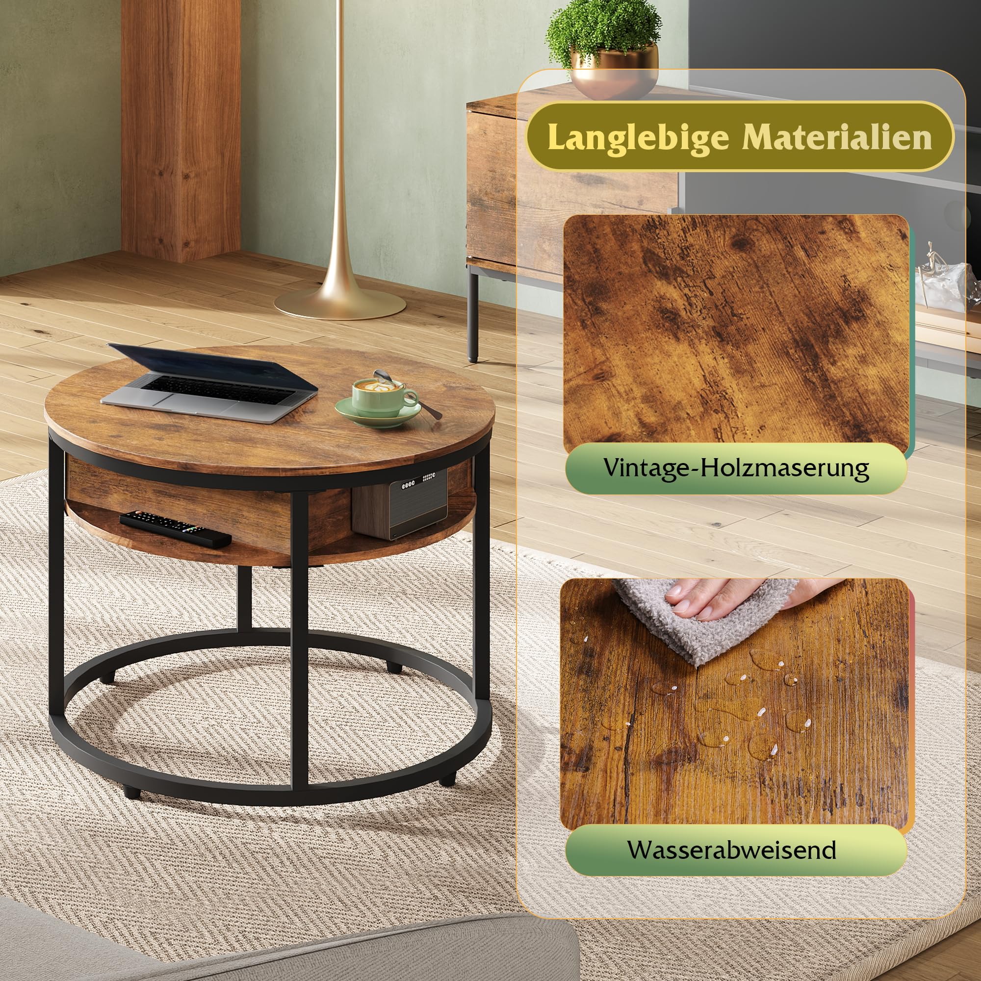 WLIVE Couchtisch Rund mit Hebeplatte, Wohnzimmertisch Höhenverstellbar mit Stauraum, 60 x 60 x 50 cm, Kaffeetisch für Wohnzimmer, Balkon und Büro (Rustikales Braun, 60 Durchmesser)