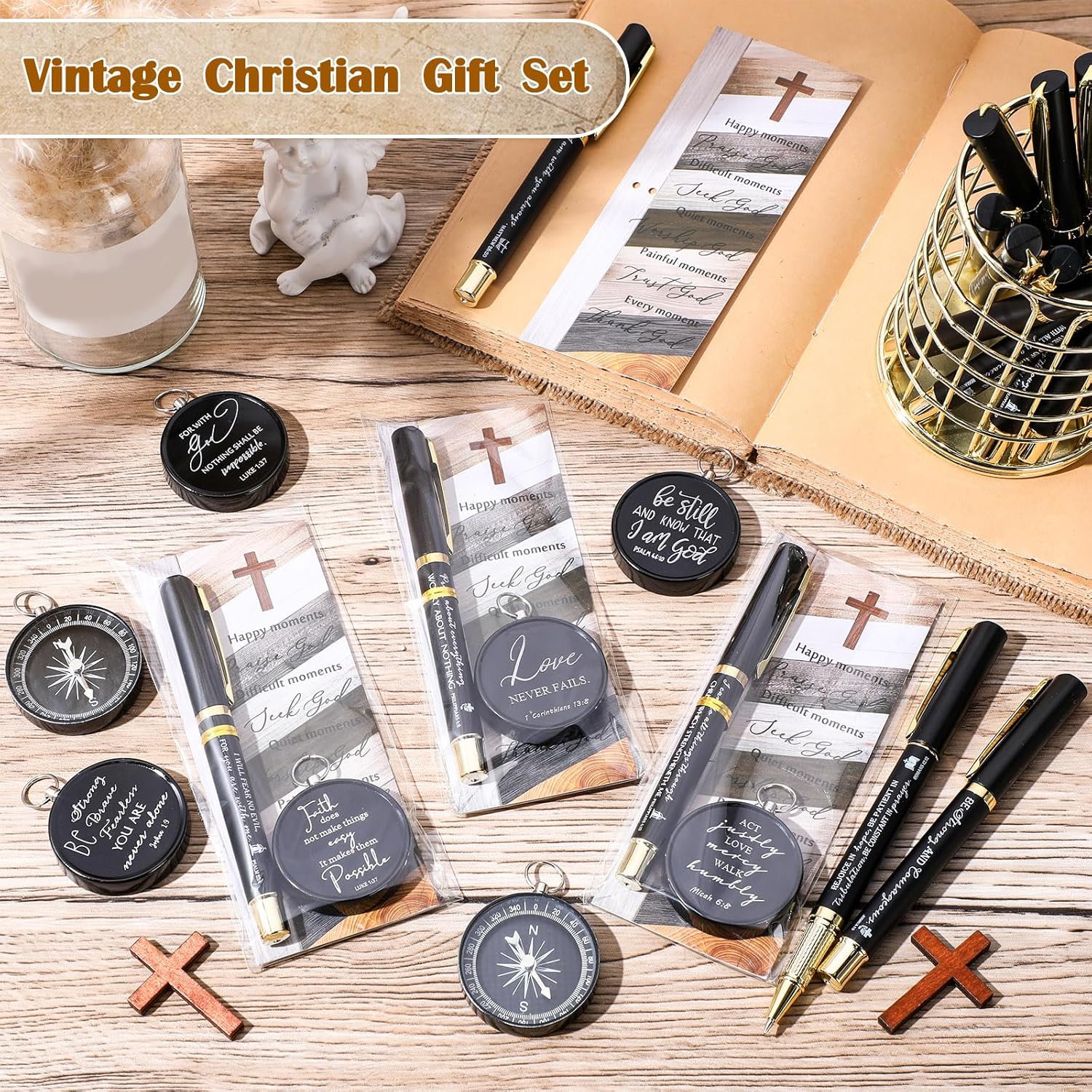 Spakon Christmas Christian Gifts Bulk Bible Verse Compass Pen Engraved Inspirational Compass with Religious Bookmarks Church Welcome Gifts for Men Women Christian Sunday School