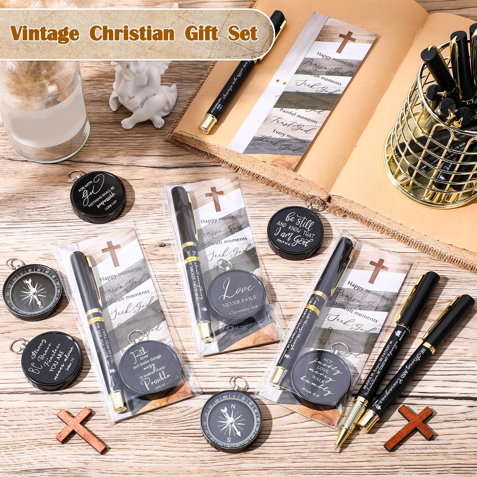 Spakon Brújula cristiana con versículo bíblico grabado, brújula inspiradora con tarjeta religiosa, bolsa de polipropileno para agradecimiento, pastor, hombres, iglesia, bienvenida, domingo, oración
