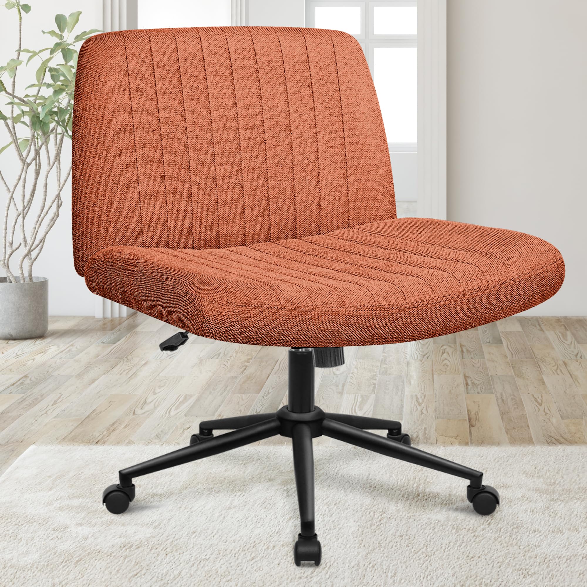 Orange Factory Criss Cross Chair Wheels Wide Cross Legged Office Desk Vanity Dual Base Comfy Fabric Armless Adjustable Swivel for Home Computer Task (Brown)