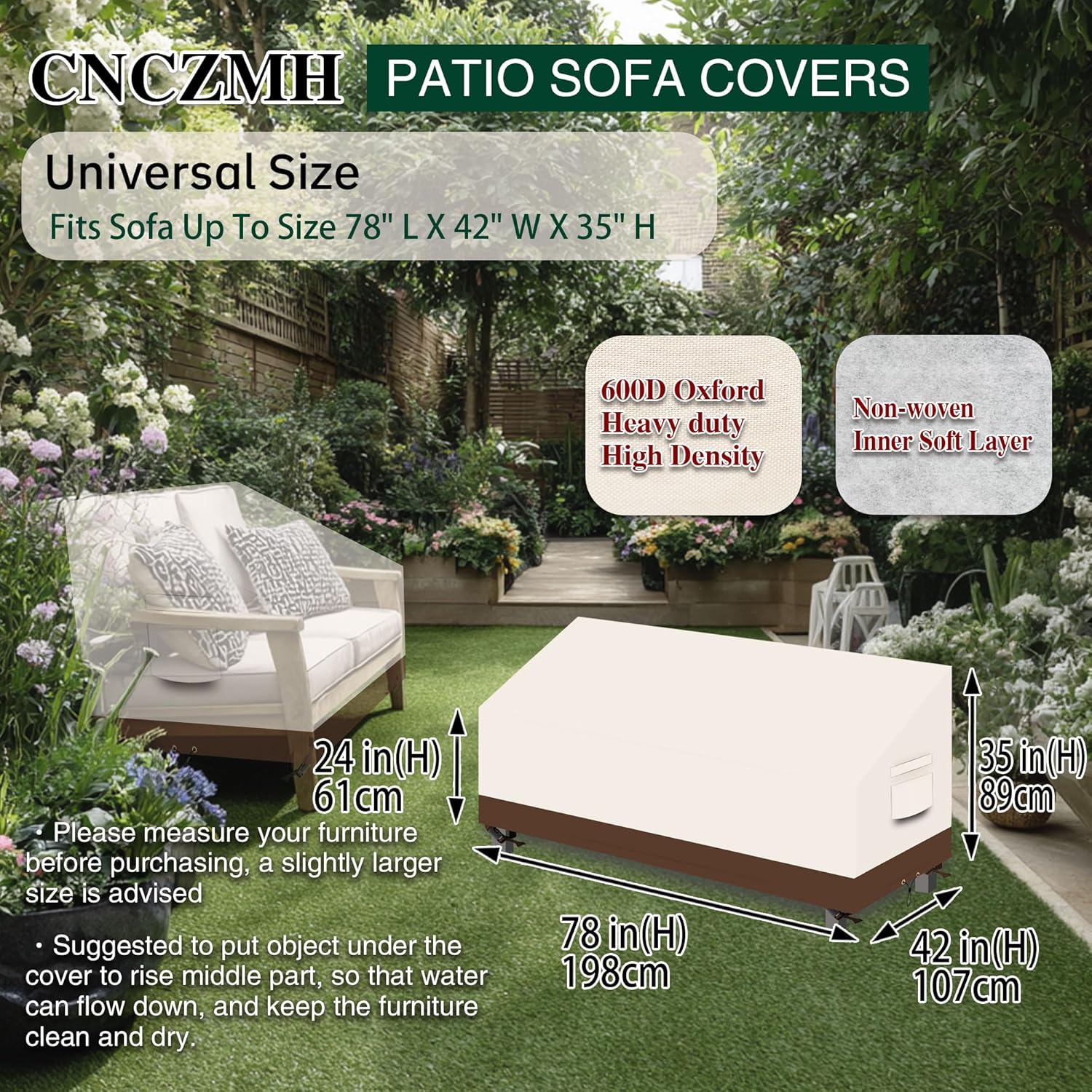 Heavy Duty Patio Sofa Covers Waterproof, Outdoor 3-Seater Couch Cover Waterproof, 600D Outdoor 2-Seater Loveseat Furniture Covers with Air Vent Handle 78''W x 42''D x 24''H/ 35''H Beige Brown