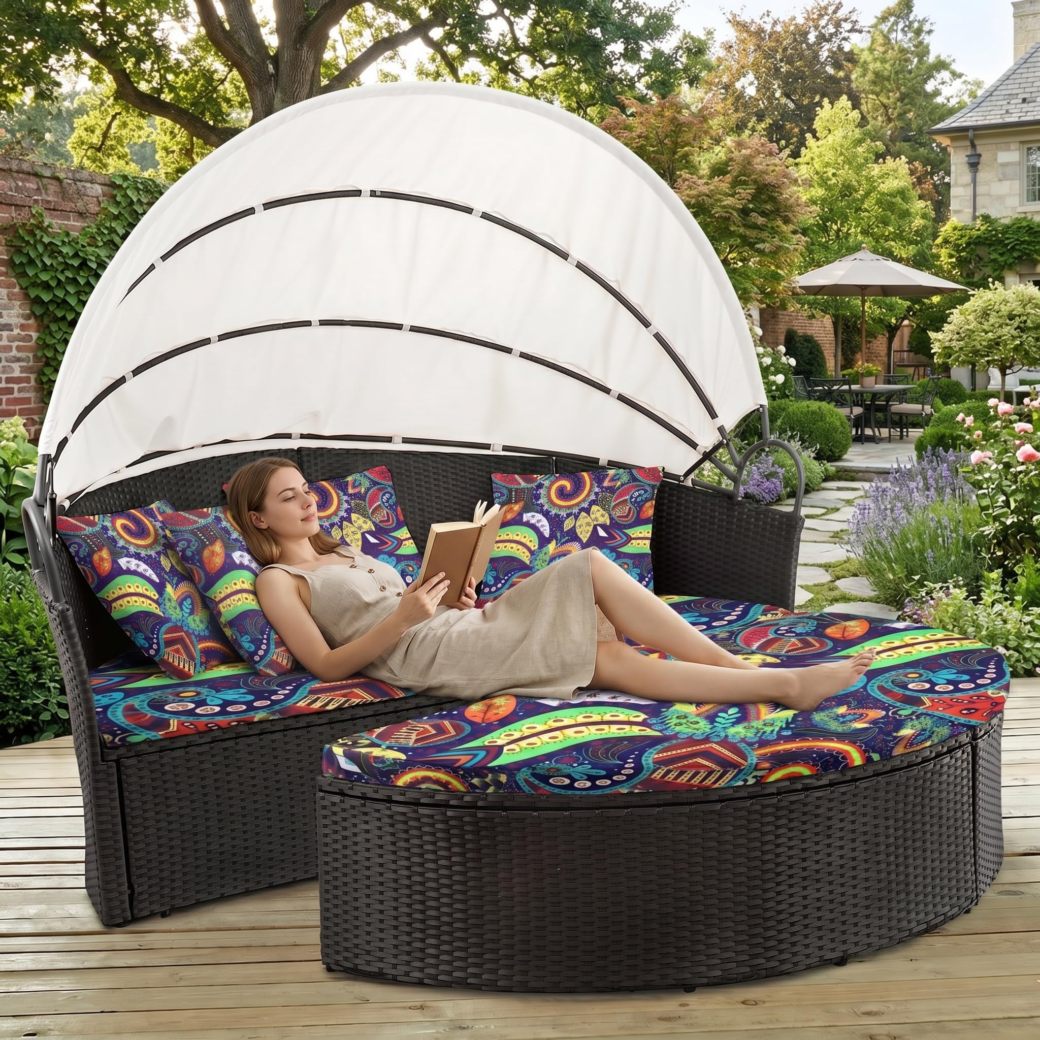 LiveGo Housse de coussin de rechange pour lit de jour d'extérieur de 167,6 cm avec bande élastique, housse de coussin de lit rond d'extérieur (fleur D, 2 housses demi-rondes + 3 housses de coussin)