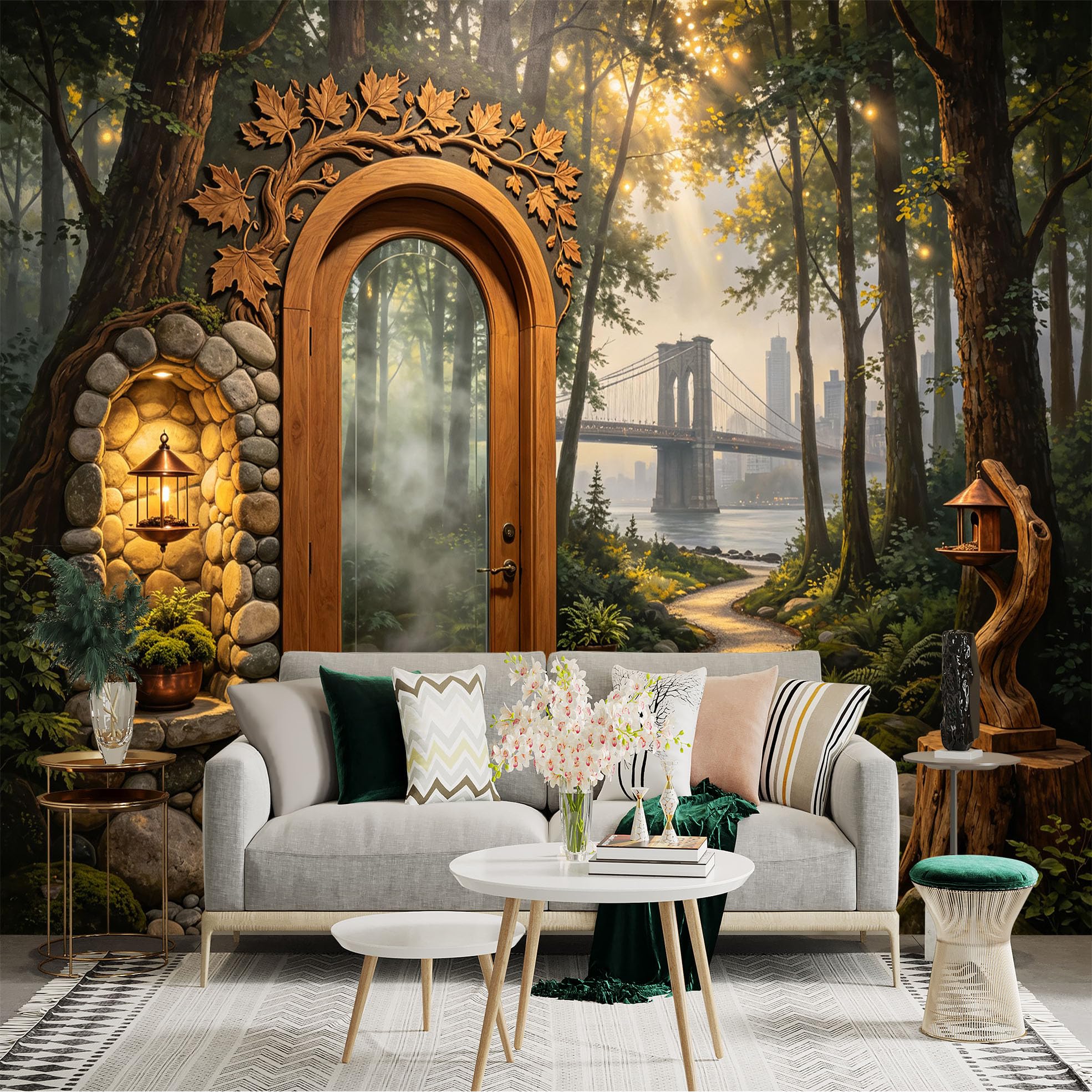 Custom Size Wall Sticker Mural， Enchanted Forest Path with Wooden Door and River Bridge， for wall Decoration， peelandstick wall Decals.
