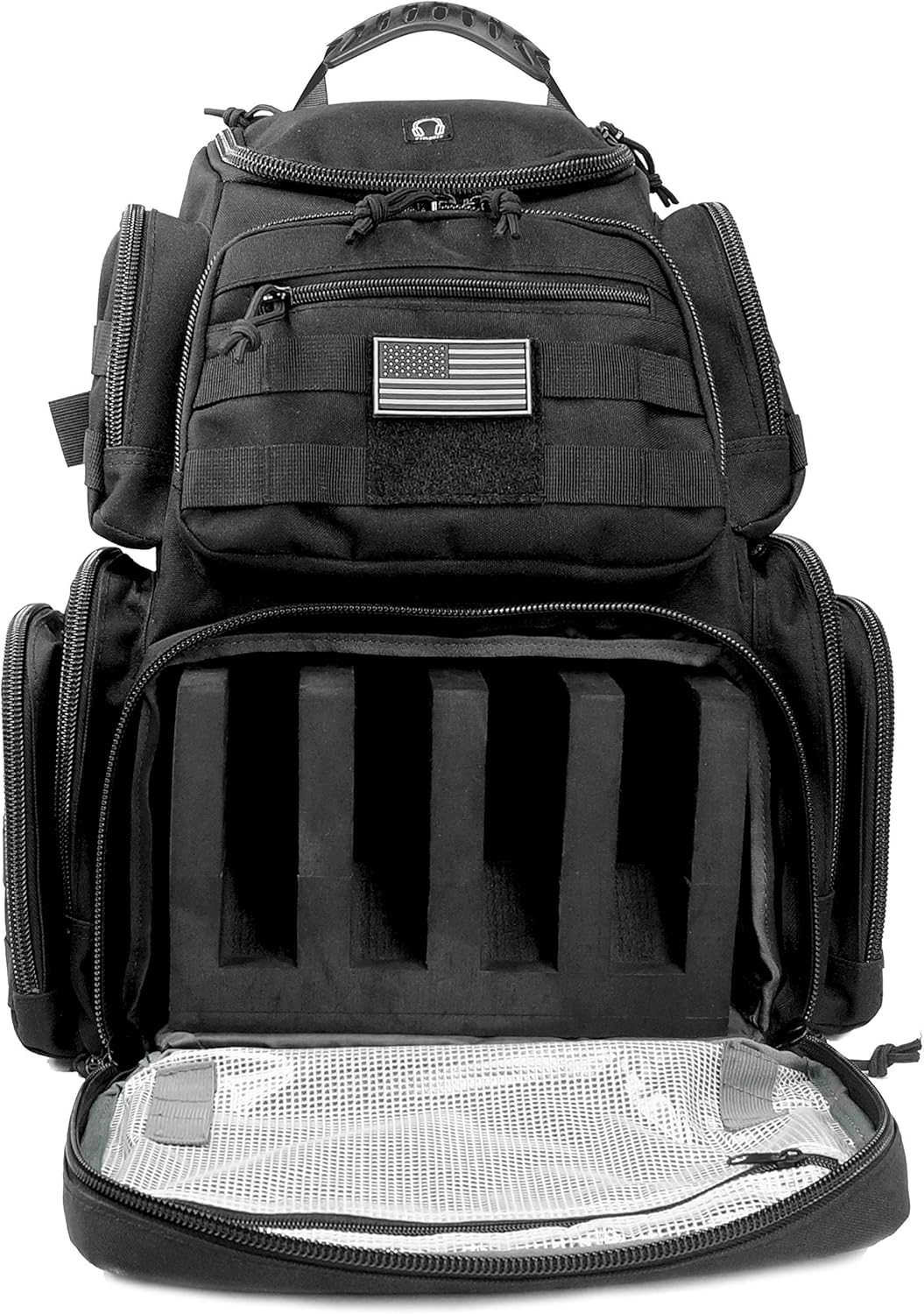 K-Cliffs Tactical Range Backpack – Lockable Bag for 5 Handguns Pouches – 900D Water‑Resistant with Rain Cover & USA Patch