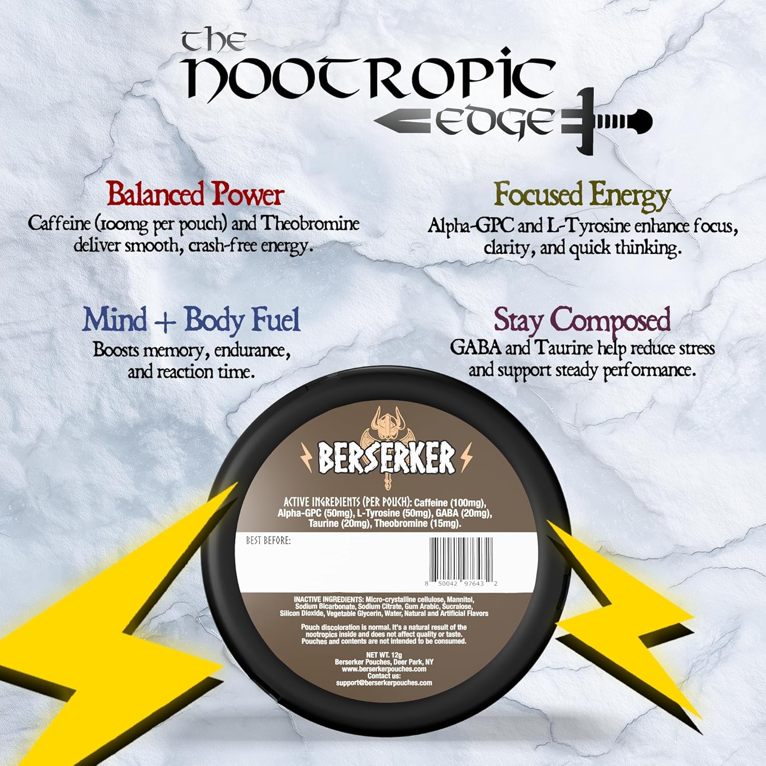 Berserker Focus Pouches - Valhalla Vanilla - Caffeine Infused - 100mg Per Pouch - Nootropic Enhanced - 10 Pack - Tobacco & Nicotine Free - Energy Drink Replacement