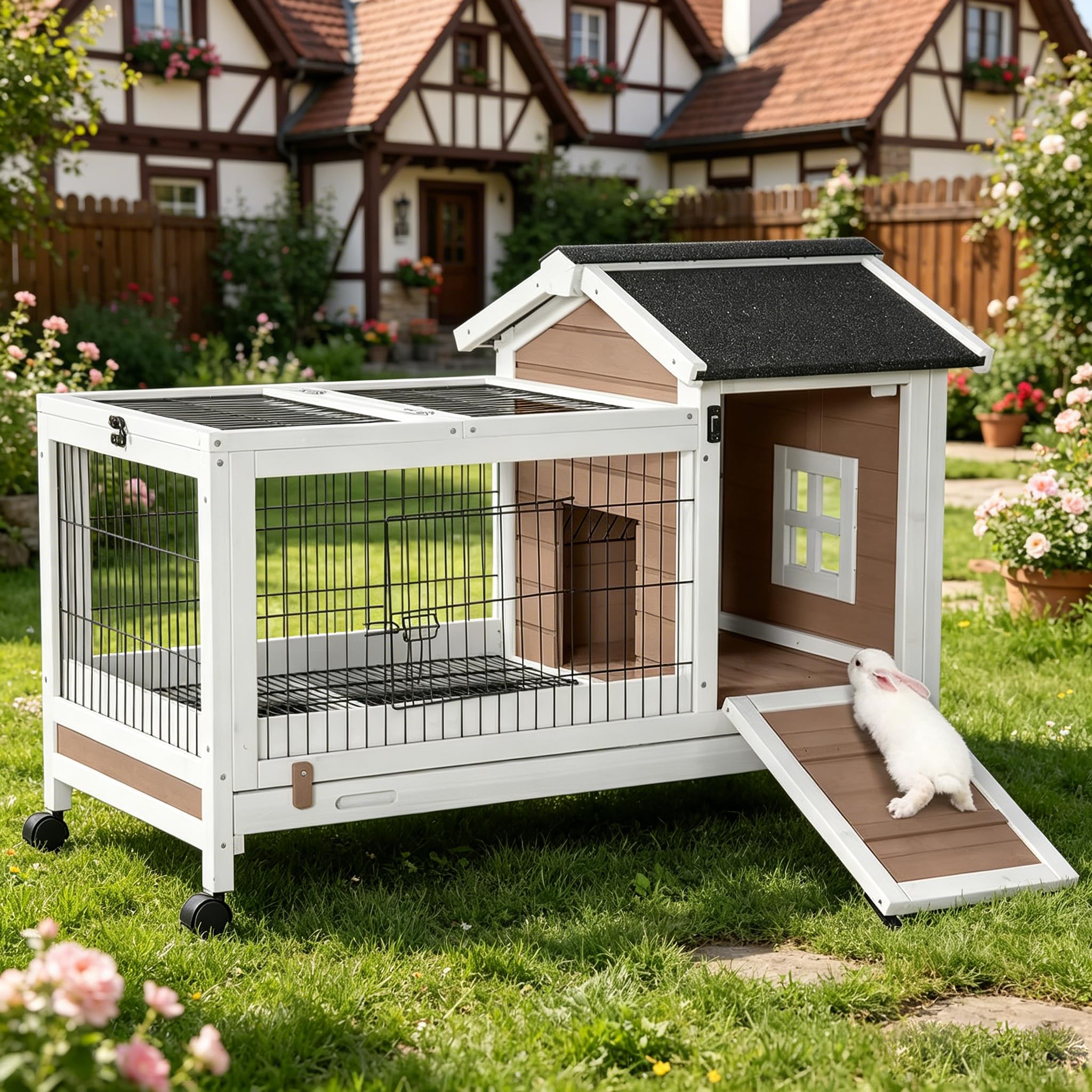Aivituvin Hasenstall, Kaninchenstall für drinnen und draußen, Innen-Kaninchenkäfig Außen-Kaninchenhaus mit Drahtboden und undichtungsfreiem Kunststofftablett (Braun, L)