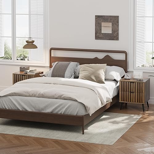 Miniatura 7 de Smuxee Mesita de noche de madera de nogal, mesita de noche de mediados de siglo con 2 cajones acanalados, mesita de noche con estante abierto, mesa