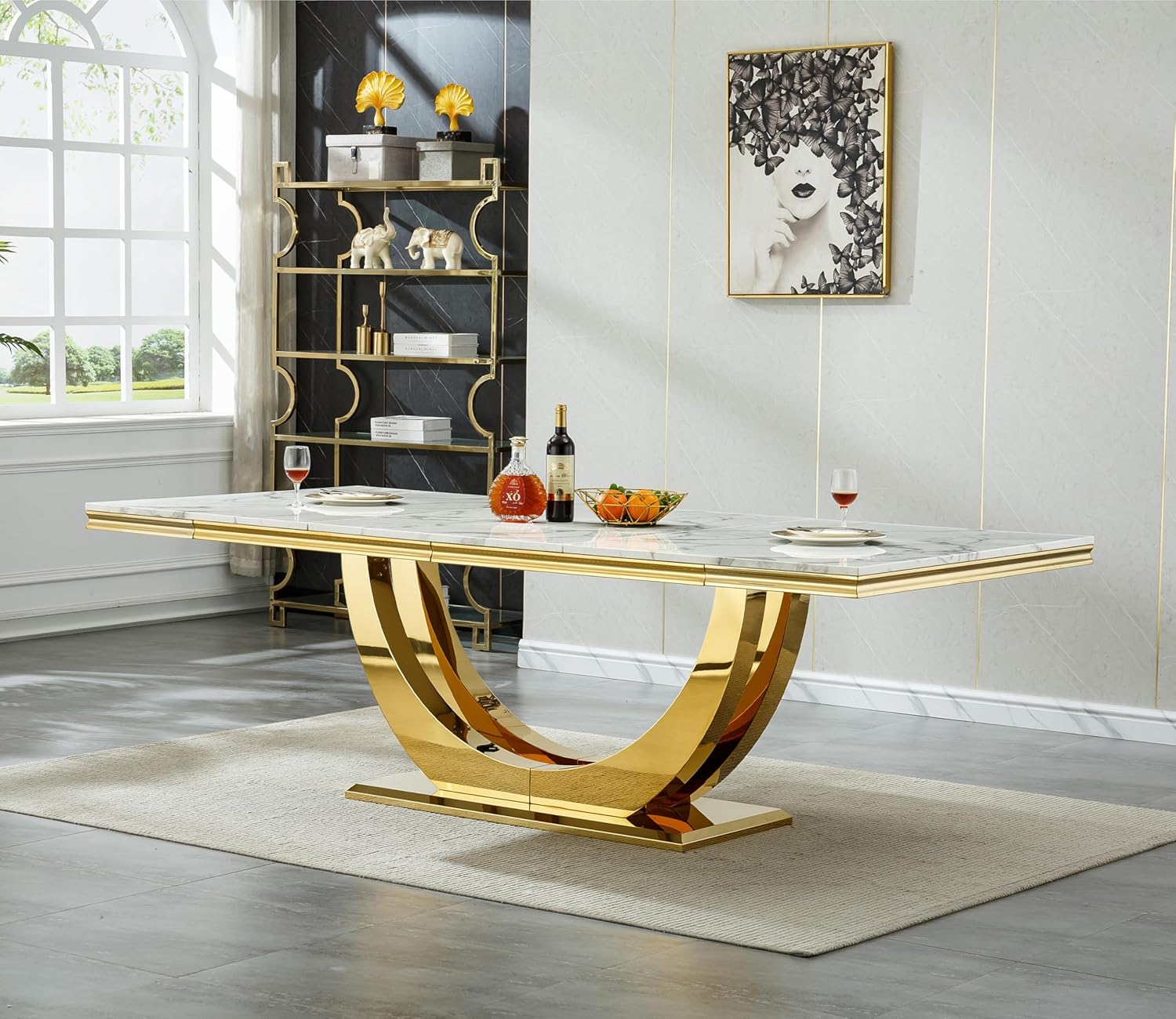 Large Marble Dining Table for 6-10, Luxury 94" White Gold Kitchen Dining Room Table w/Rectangular Faux Marble Top & Mirrored Stainless Steel Base, Modern 10 Seater Long Dinner Table for Dining Room