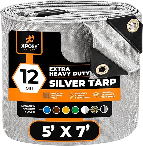 Xpose Safety Lona protectora de polietileno plateado resistente de 5 x 7 pies - Funda protectora multiusos - Duradera, resistente al agua,