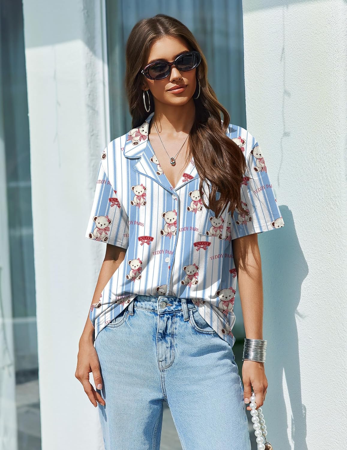 Ekouaer Pajamas Set for Women 2 Piece Pjs Short Sleeve Sleepwear Button Down Lounge Shorts Sets S-XXL - Image 4