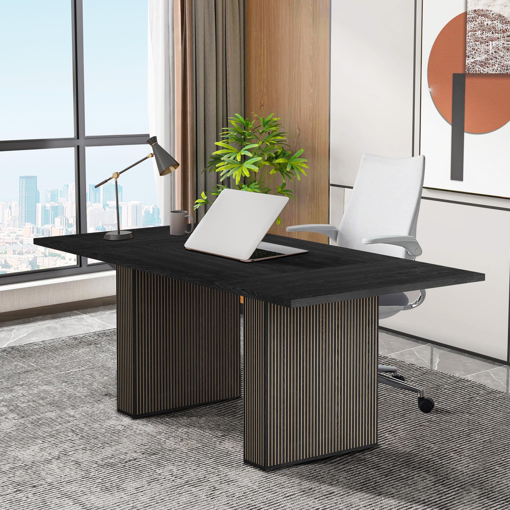 LEVNARY 78 Inch Long Executive Desk, Large Office Desk with Wood Strip Base, Modern Farmhouse Computer Desk Business Furniture for Home Office (Black)
