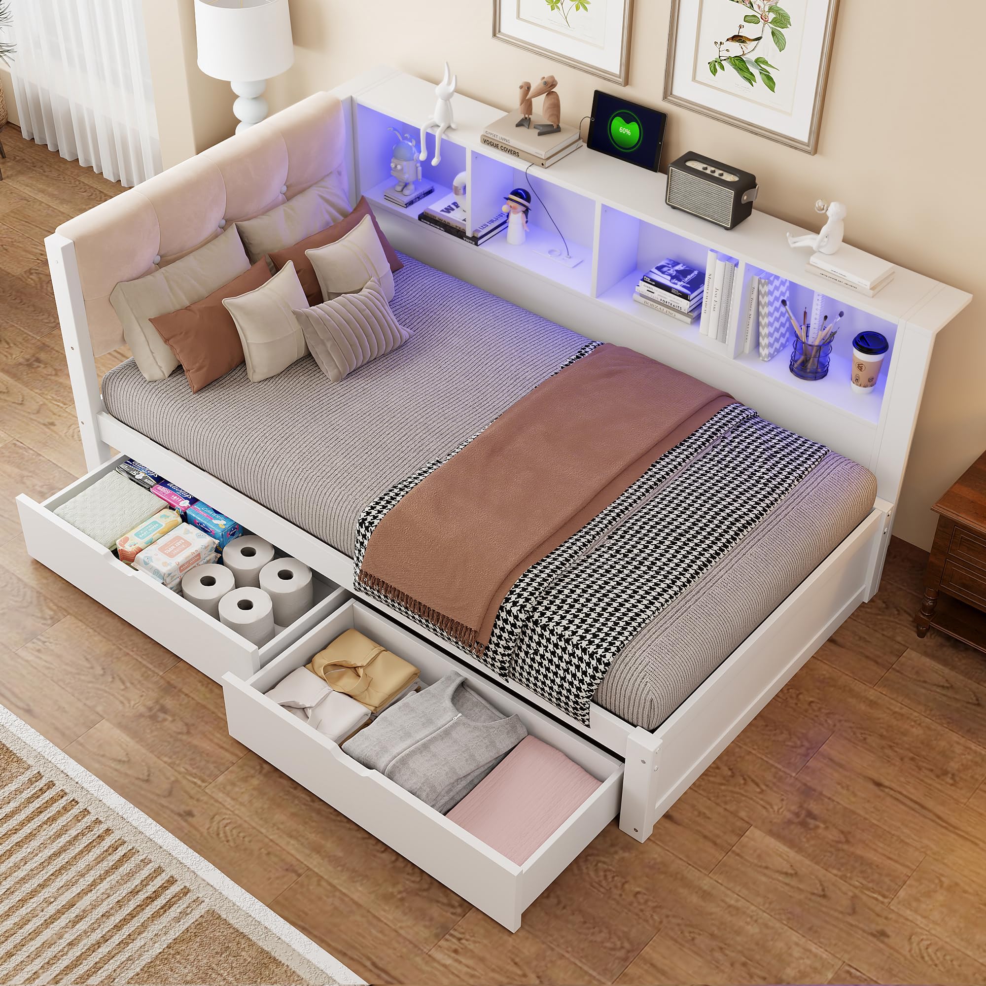 Schlafsofa 90 x 200 cm mit Schubladen, Tagesbett mit Dimmbarer LED-Leiste und USB-Anschluss, Praktischem Regal, Kiefernholz, Weiß (Ohne Matratze)