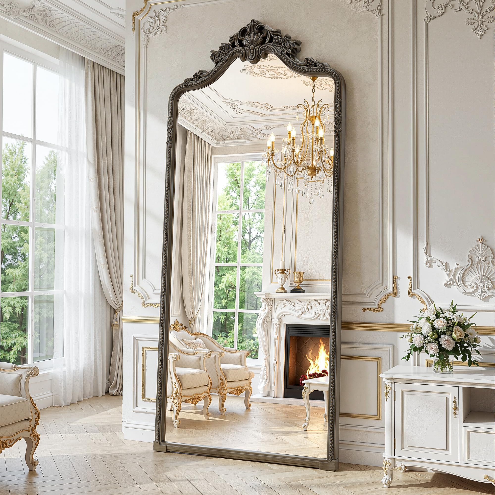 Photo 1 of 71"x32"Arched Full Length Floor Mirror, Gold Traditional Ornate Antique Carved Garland Frame Body Hanging Leaning,Full Body Mirrors for Home Decor Shatter-proof Nano Glass Wall Living Room Cloakroom