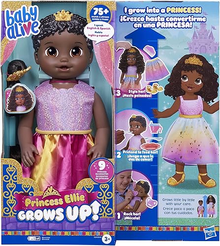 Baby Alive Princesa Ellie Grows Up! Muñeca de pelo negro para niñas y niños de 3 años en adelante, 18 pulgadas