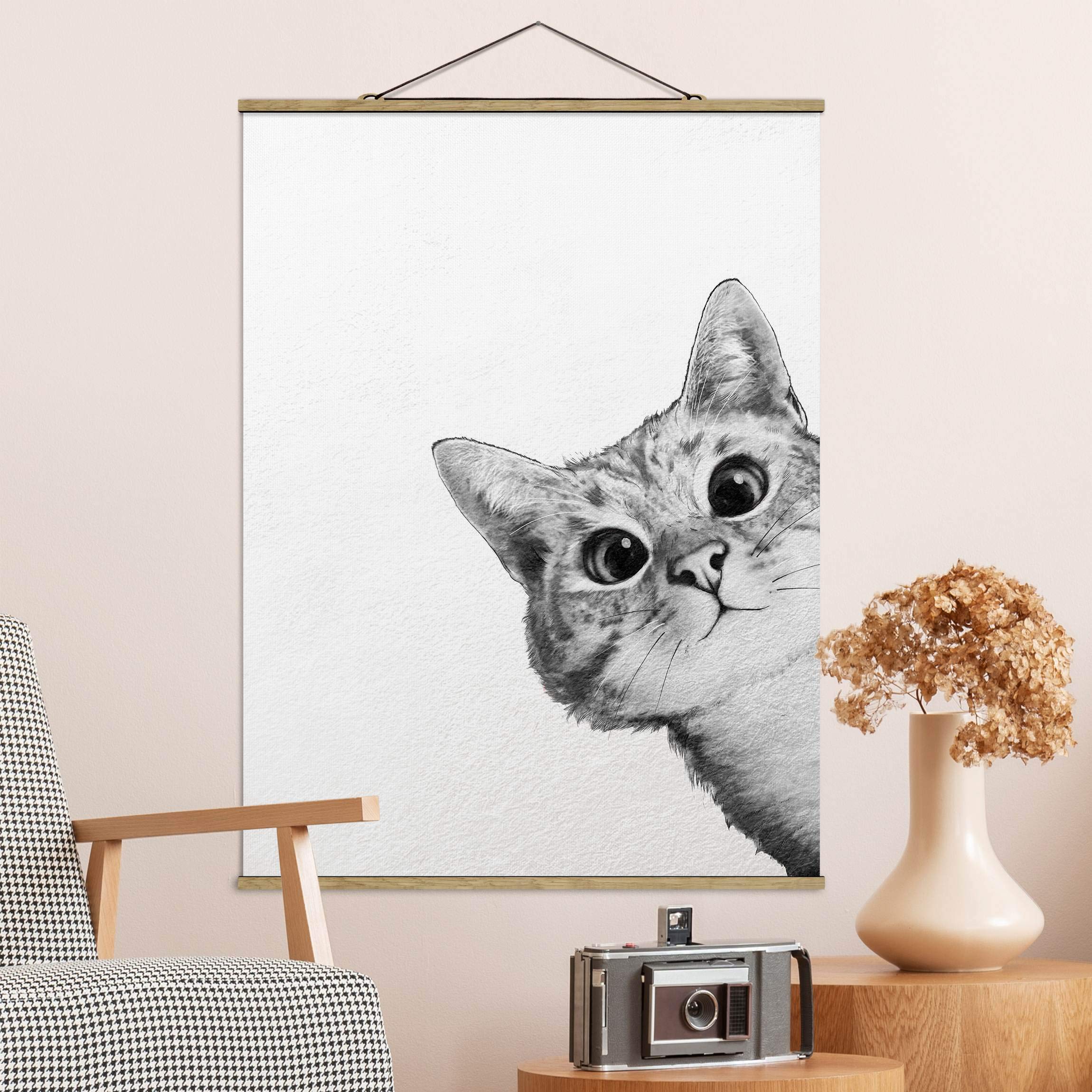 micasia Stoffbild Laura Graves Kinderzimmer Wandbehang inkl. Holzfurnier & Kordel Wanddeko - Made in Germany - Katze Aquarell schwarz weiss Baby Mädchen Junge Bild 4747 (50x66,4cm)