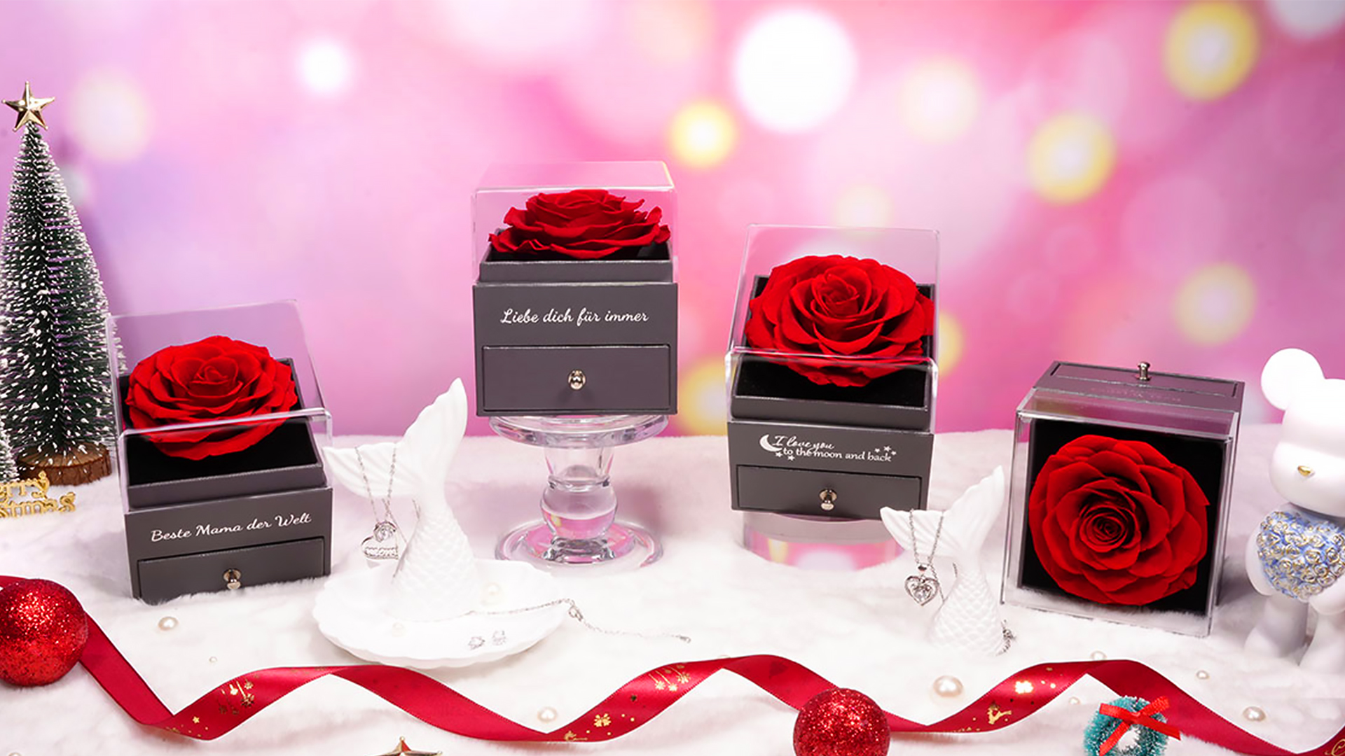 Sunia Regalo Per Mamma - Rosa Eterna Stabilizzata In Teca Con Collana Argento 925 A Cuore 'Maman' - Confezione Regalo Di Lusso - 3