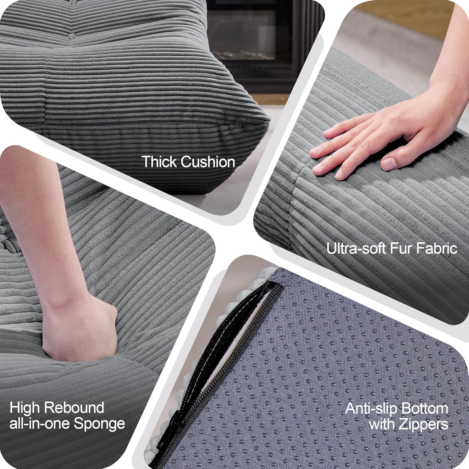 Bean Bag Chairs for Adults Giant Bean Bag Chair Memory Foam BeanBag Chair Bean Bag Sofa with Filler Faux Fur Fireside Beanbags Lazy Sofa for Living Room Bedroom Office (Grey Corduroy, Single) - Image 8