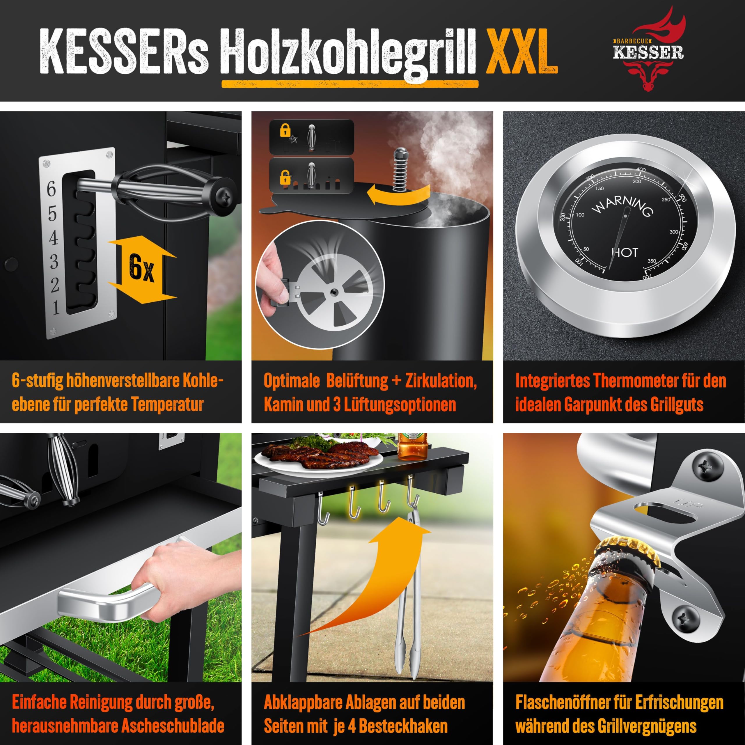 KESSER® Parilla de Carbón con Carrito Grill con Tapa, Ruedas, Mango de Acero Inoxidable | Barbacoa y Termómetro Carbón Grande BBQ Asador Camping, Terraza, Jardín XXL Negro