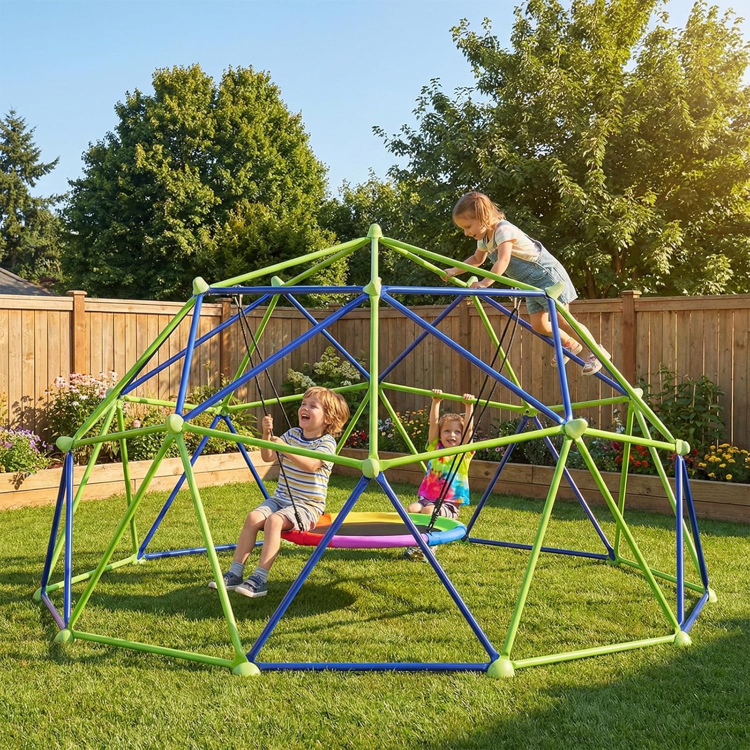 10ft Climbing Dome Swing Set Combo, Jungle Gym with Saucer Swing for Kids Outdoor Backyard, Heavy-Duty 1000 lbs Capacity Rust-Resistant Playset, Easy Assembly, Blue & Green