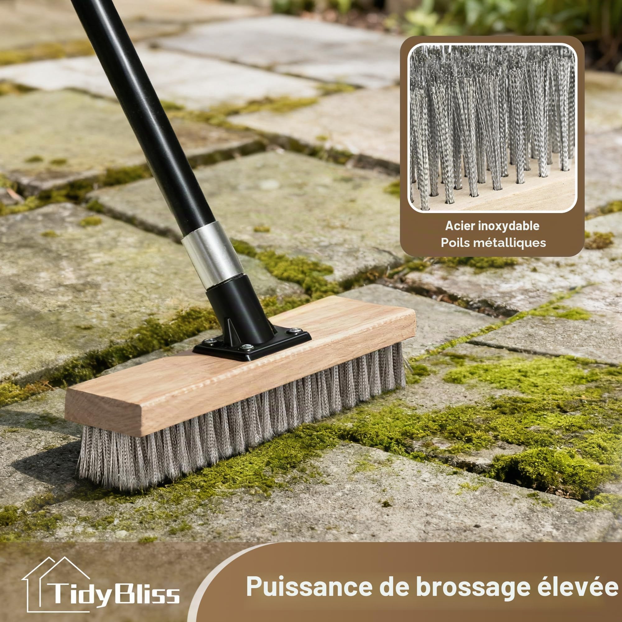 TidyBliss Balai Toiture Exterieur Terrasse Acier Inoxydable avec Long Manche, Robuste Brosse Metallique Élimination des Mousses Extérieures sur Sols en Béton Jardins Patios Toits Briques Garages