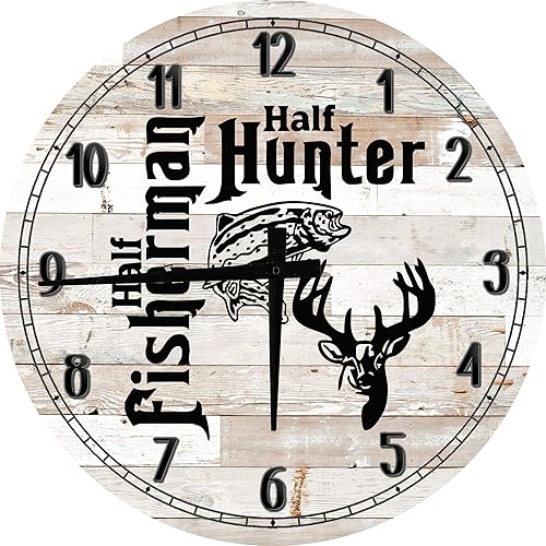 Arte de pared de pesca, medio pescador, cazador, pesca, caza, arte de pared de madera grande, redondo, 12 pulgadas, color blanco Arte de pared de pesca, medio pescador, cazador, pesca, caza, arte de pared de madera grande, redondo, 12 pulgadas, color blanco
