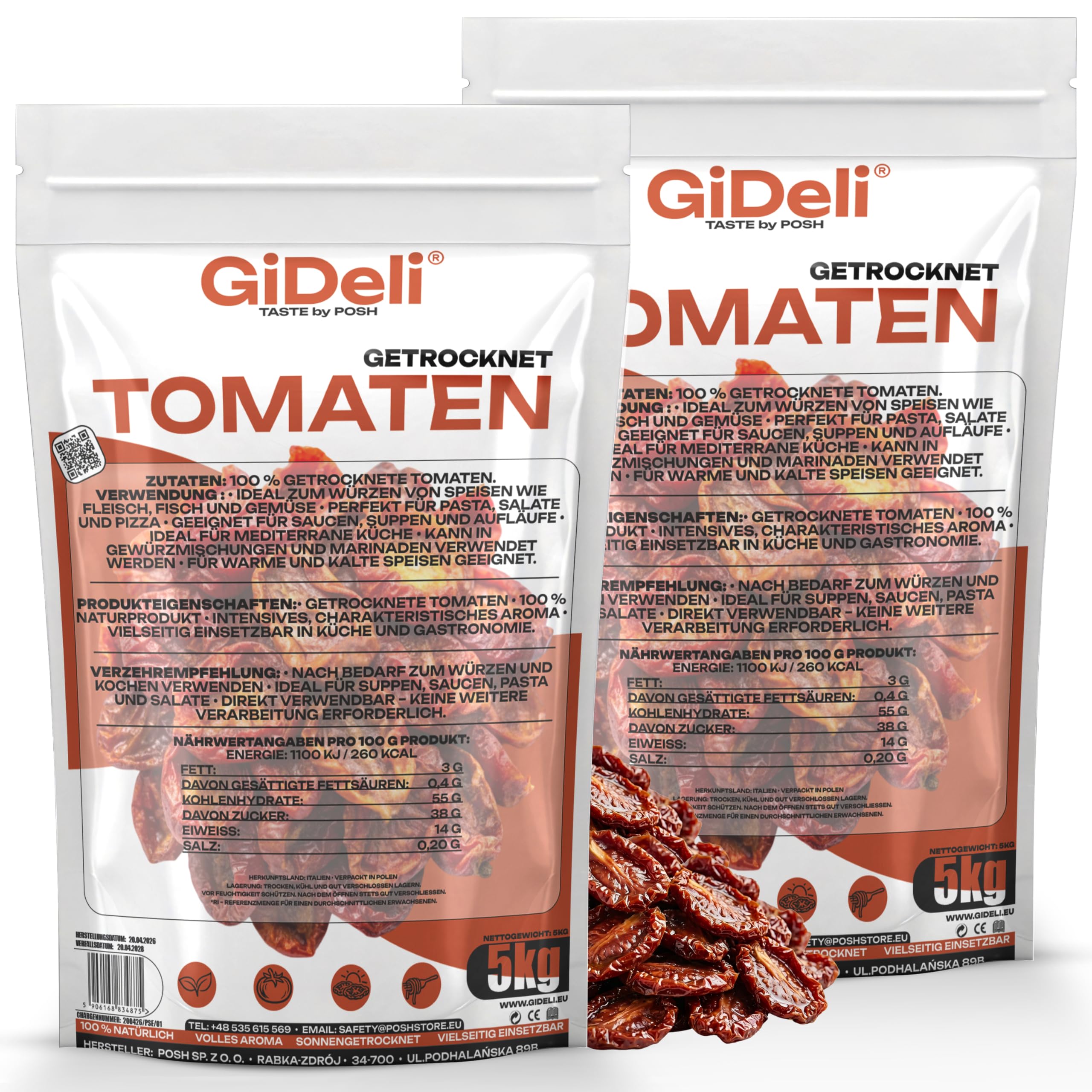GiDeli Getrocknete Tomaten 2x5kg - Naturrein Ohne Künstliche Zusätze - Sonnengetrocknet aus Italien - Ideal für Pasta, Suppen & Salate - Direkt Verwendbar Ohne Einweichen - Hoher Proteingehalt - Vegan